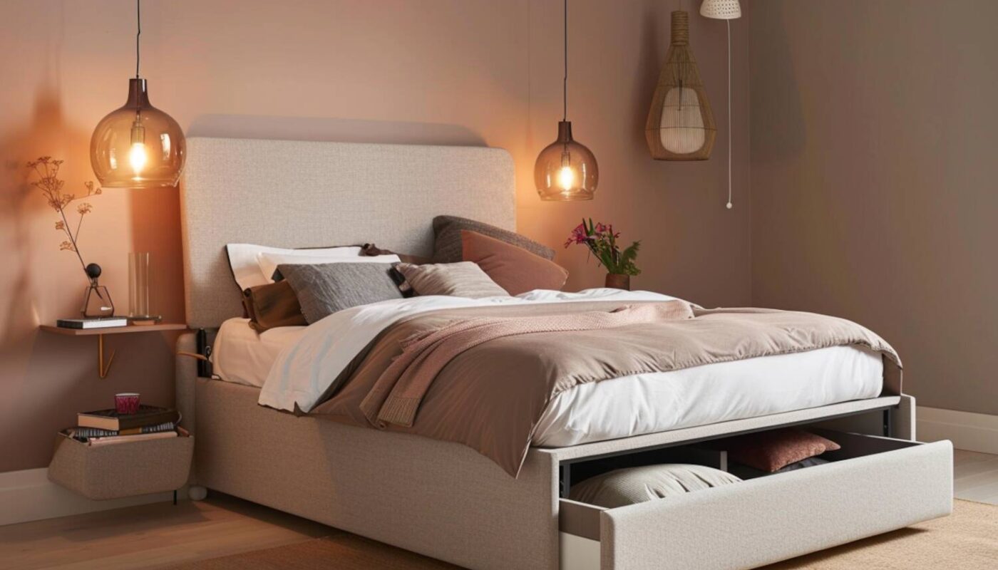 Łóżka kontynentalne z dodatkowymi schowkami – idealne do małych mieszkań.