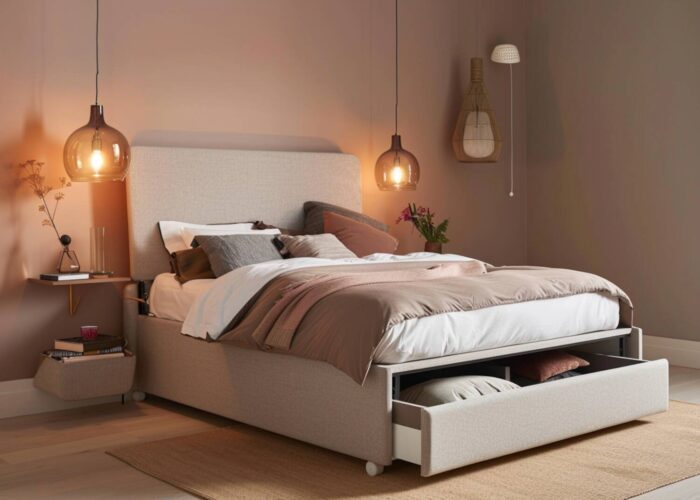 Łóżka kontynentalne z dodatkowymi schowkami – idealne do małych mieszkań.