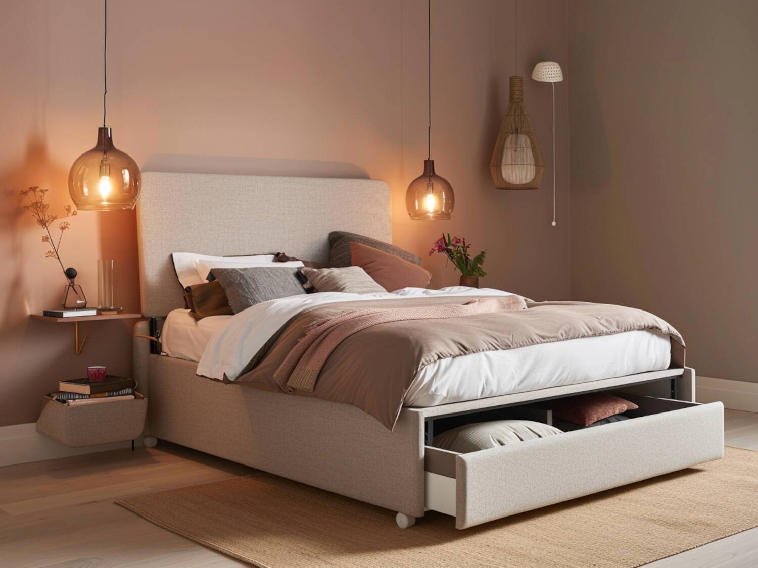 Łóżka kontynentalne z dodatkowymi schowkami – idealne do małych mieszkań.