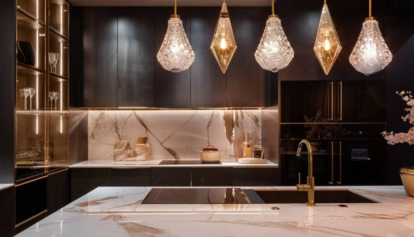 Jakie lampy wiszące najlepiej sprawdzą się w kuchniach z elementami marmuru i złota?