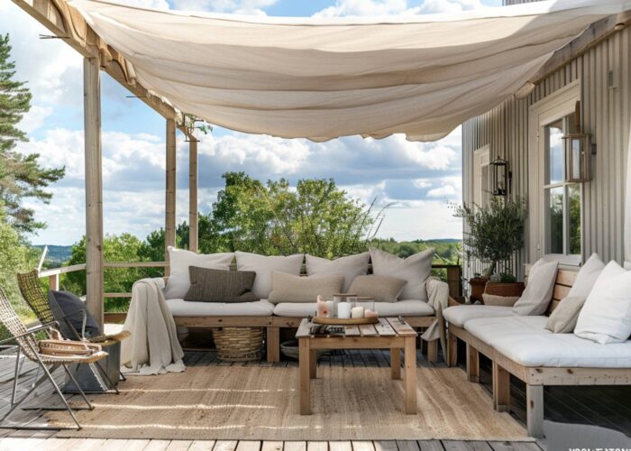 10 inspiracji na urządzenie tarasu w stylu skandynawskim z drewnianymi dodatkami.