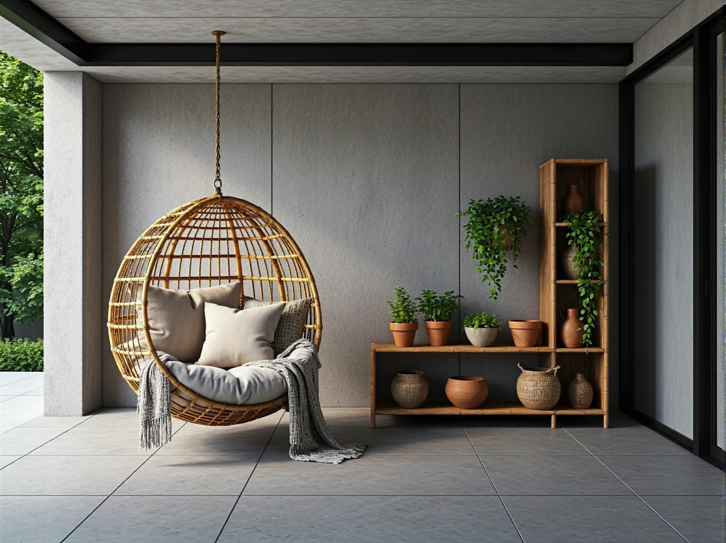 Aranżacja tarasu industrialnego z dużą ilością zieleni i ekologicznymi meblami z bambusa