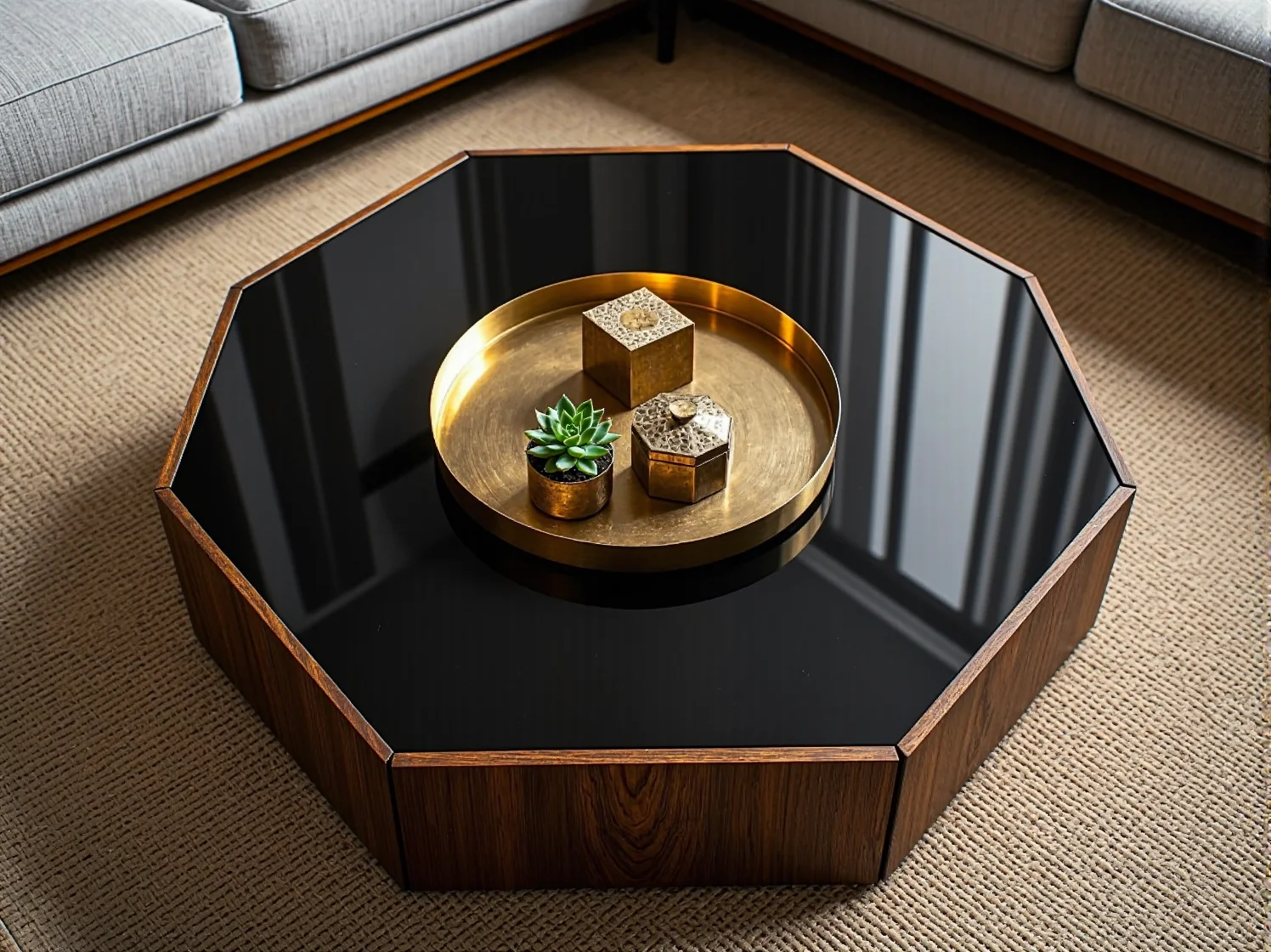 Aranżacja małego salonu glamour z sofą i stylowym stolikiem kawowym w centrum.