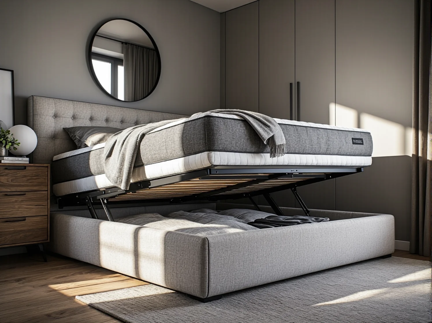 Aranżacja małej sypialni z kompaktowym szarym łóżkiem kontynentalnym