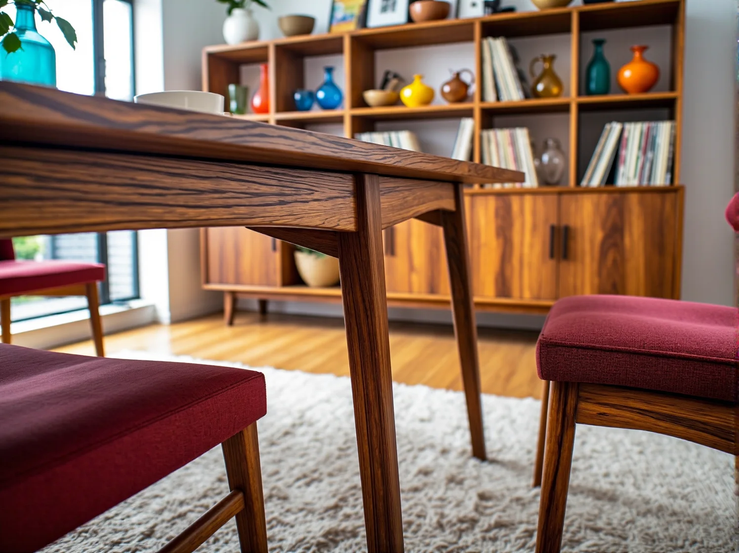 Funkcjonalna aranżacja jadalni retro z rozłożonym stołem dla gości