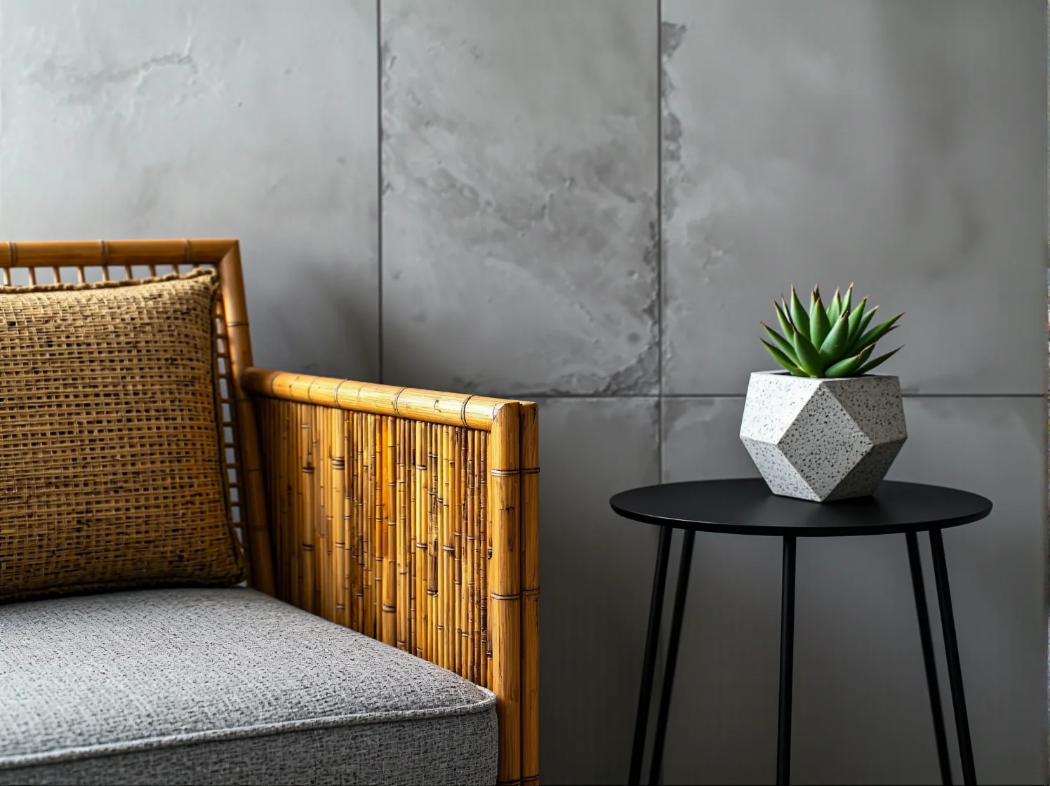 Detale mebli z bambusa w kontraście z surową cegłą na loftowym balkonie