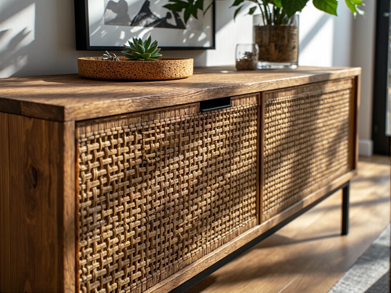 Bambusowy wieszak na ubrania i ławka w jasnym, nowoczesnym korytarzu w stylu boho