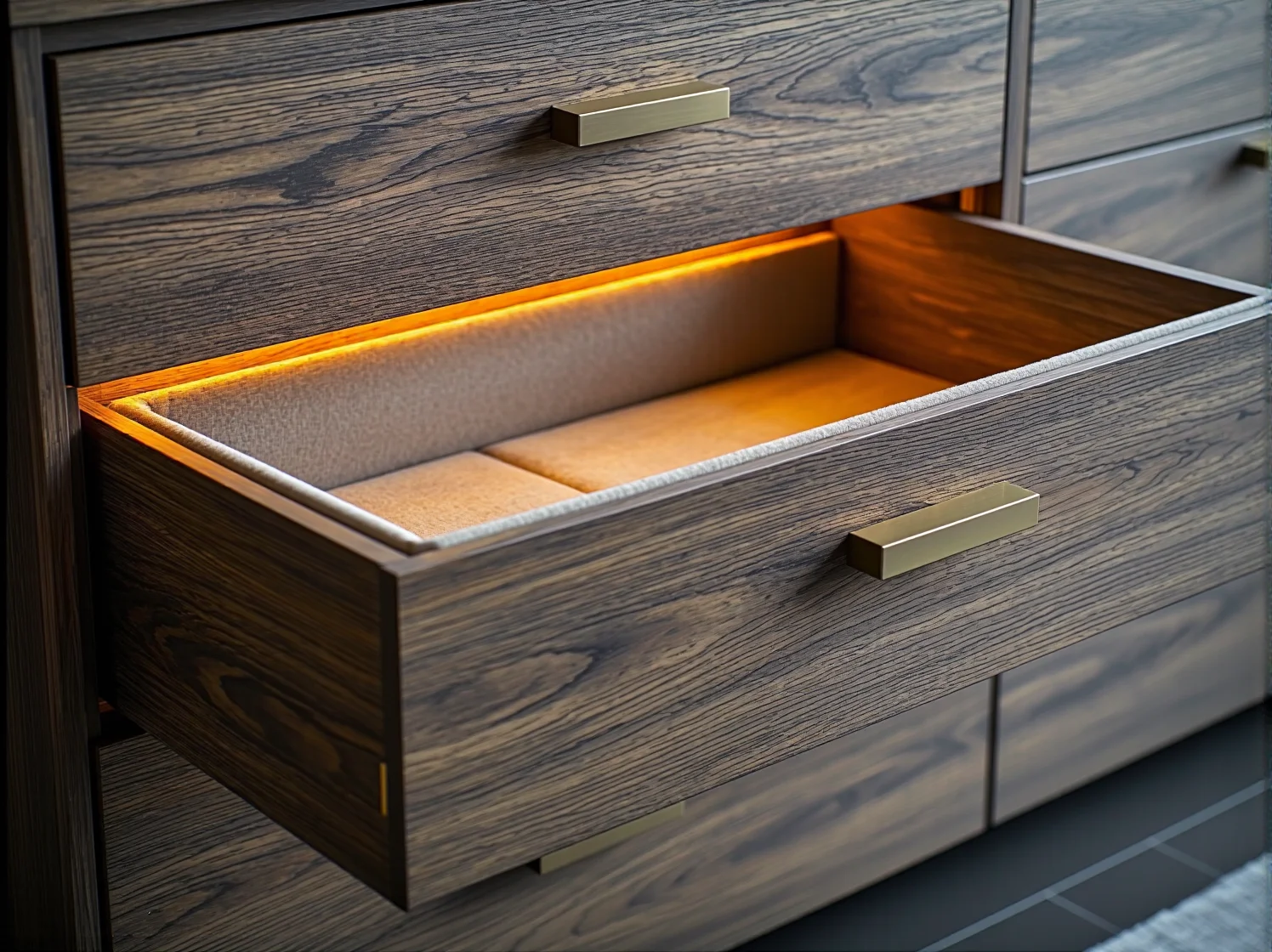 Ciepła barwa światła w meblach premium budująca przytulny klimat wnętrza.