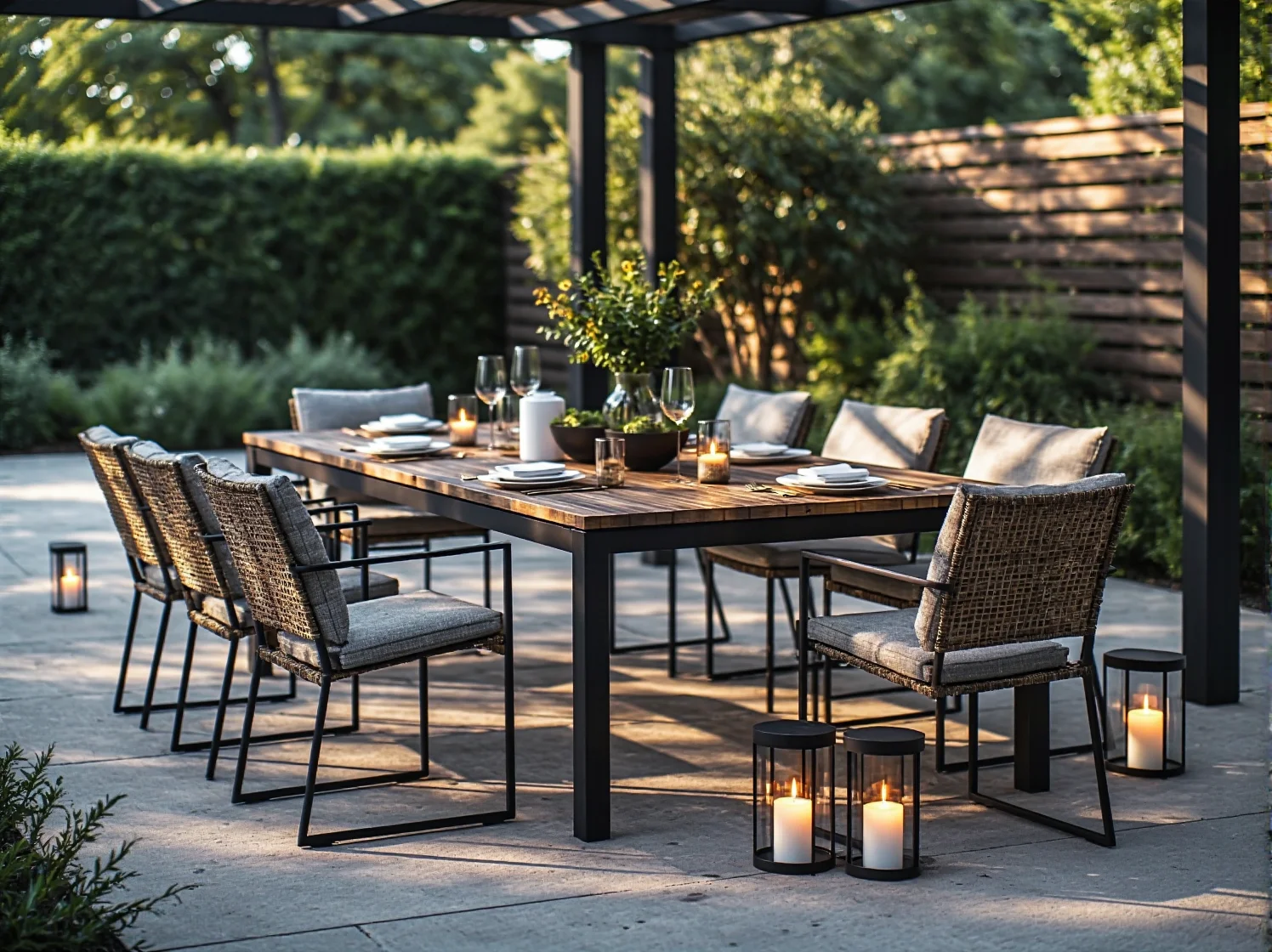 Złote donice i aksamitne poduszki na sofie ogrodowej jako dekoracje w stylu glamour.