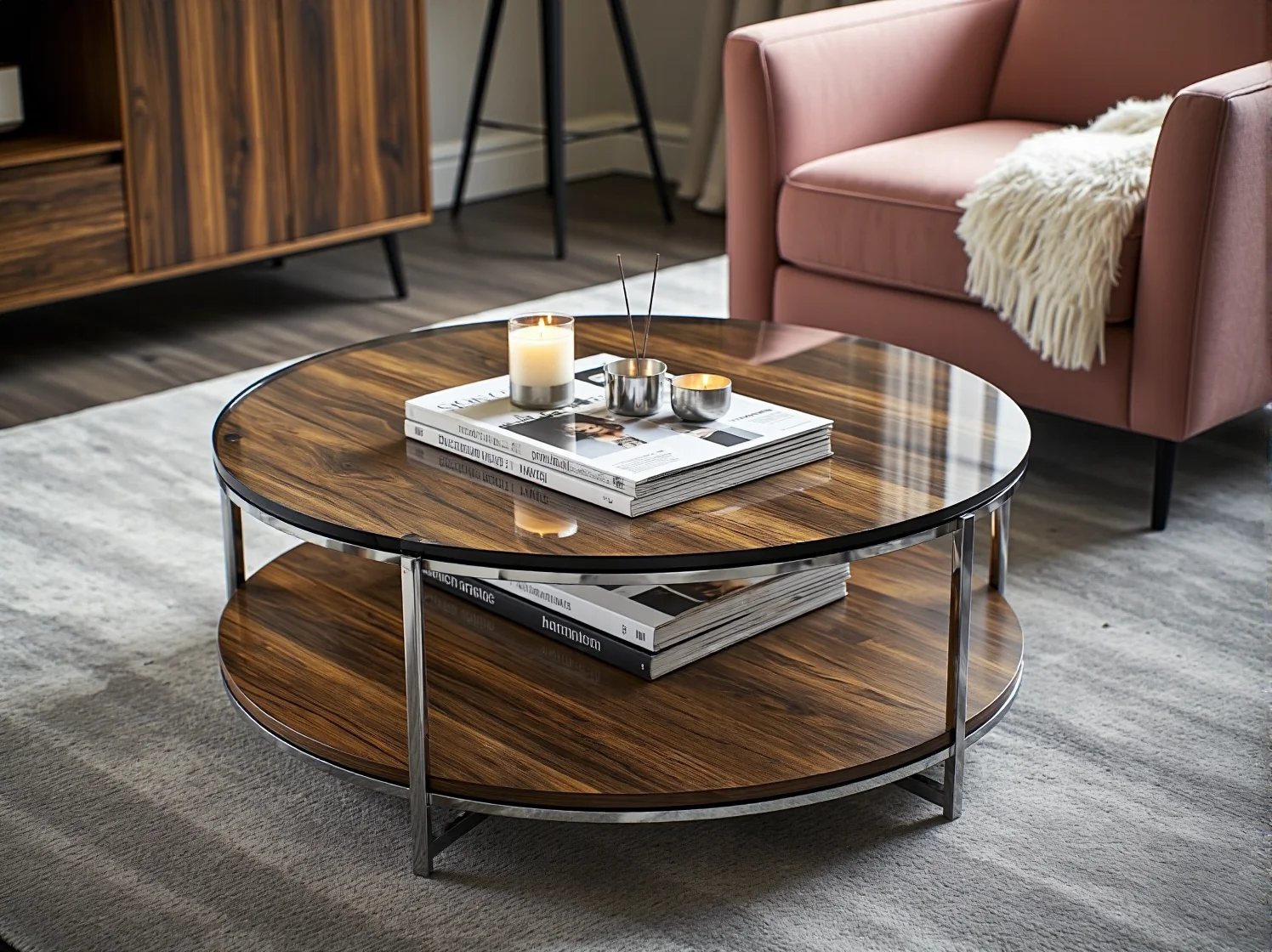 Designerski stolik kawowy glamour jako centralny punkt w aranżacji małego salonu.