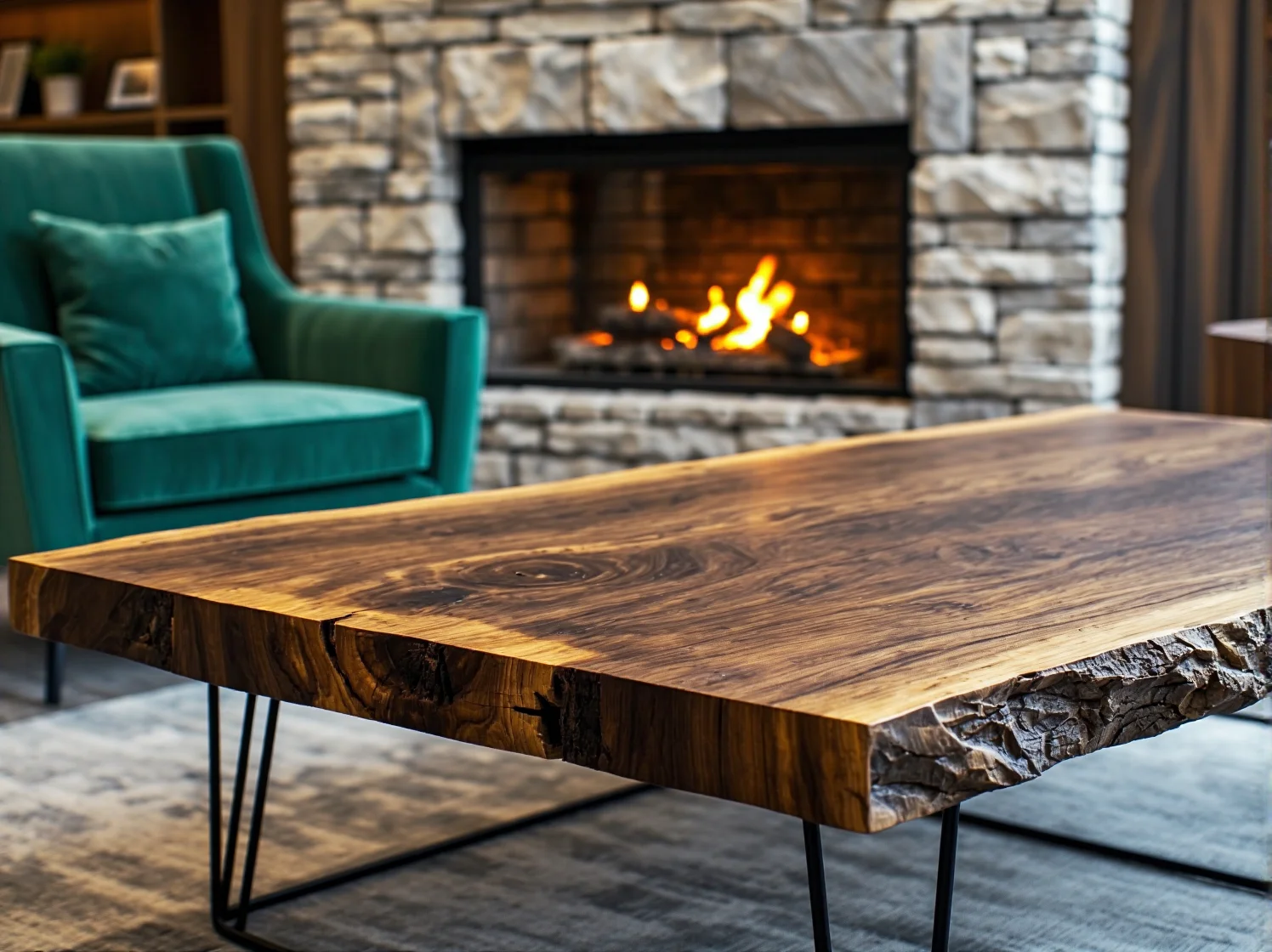 Designerski stolik kawowy w recepcji łączący unikalny styl z wysoką wytrzymałością