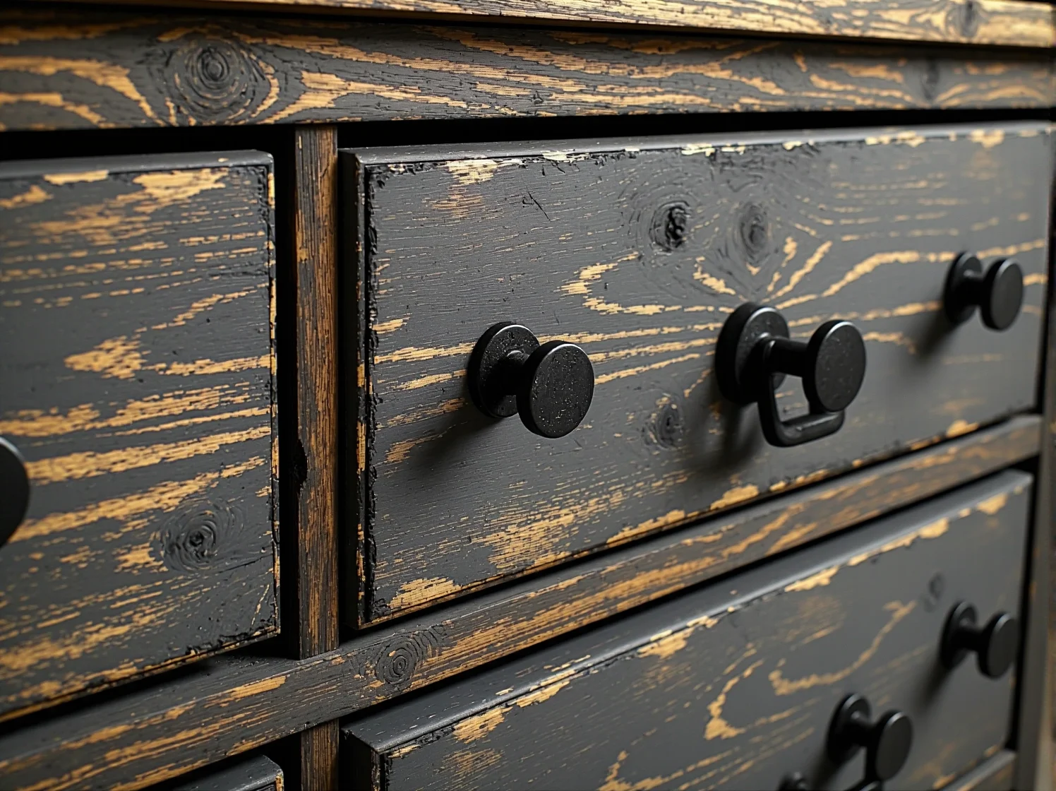 Zbliżenie na czarne matowe okucia i postarzane drewno w odnowionej szafce w stylu loft