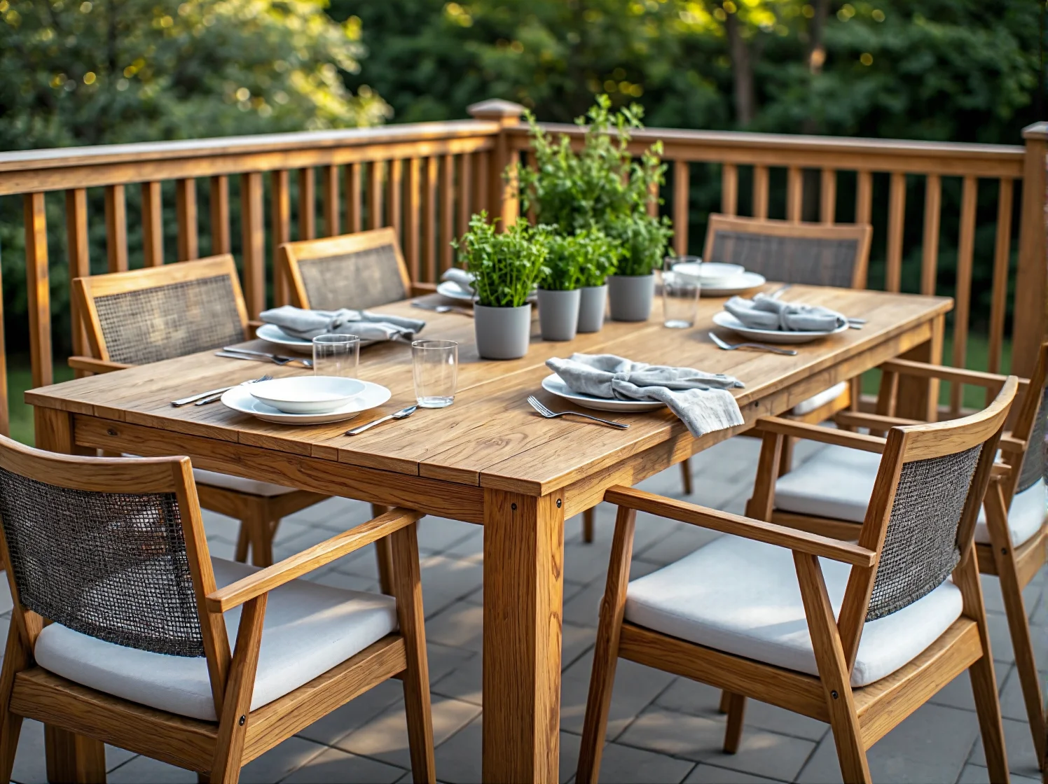 Dodatki na taras skandynawski: lampiony, pledy i naturalne donice z roślinami.