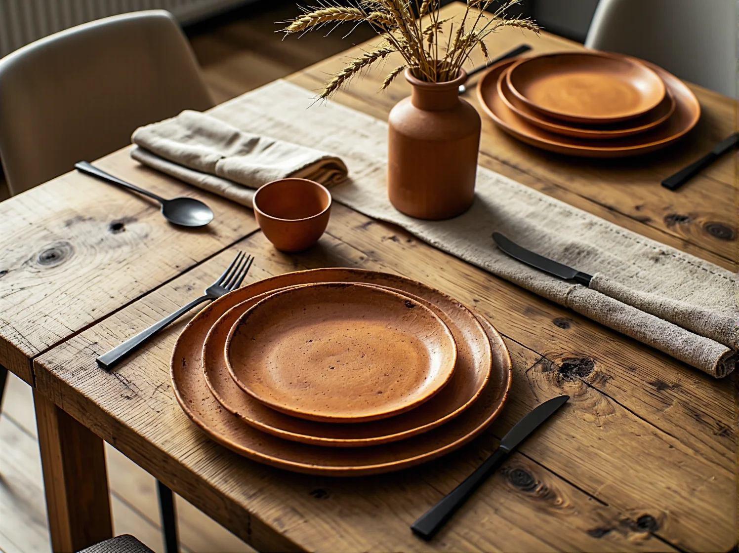 Masywne drewniane stoły z lnianymi obrusami i polnymi kwiatami w rustykalnym lokalu.