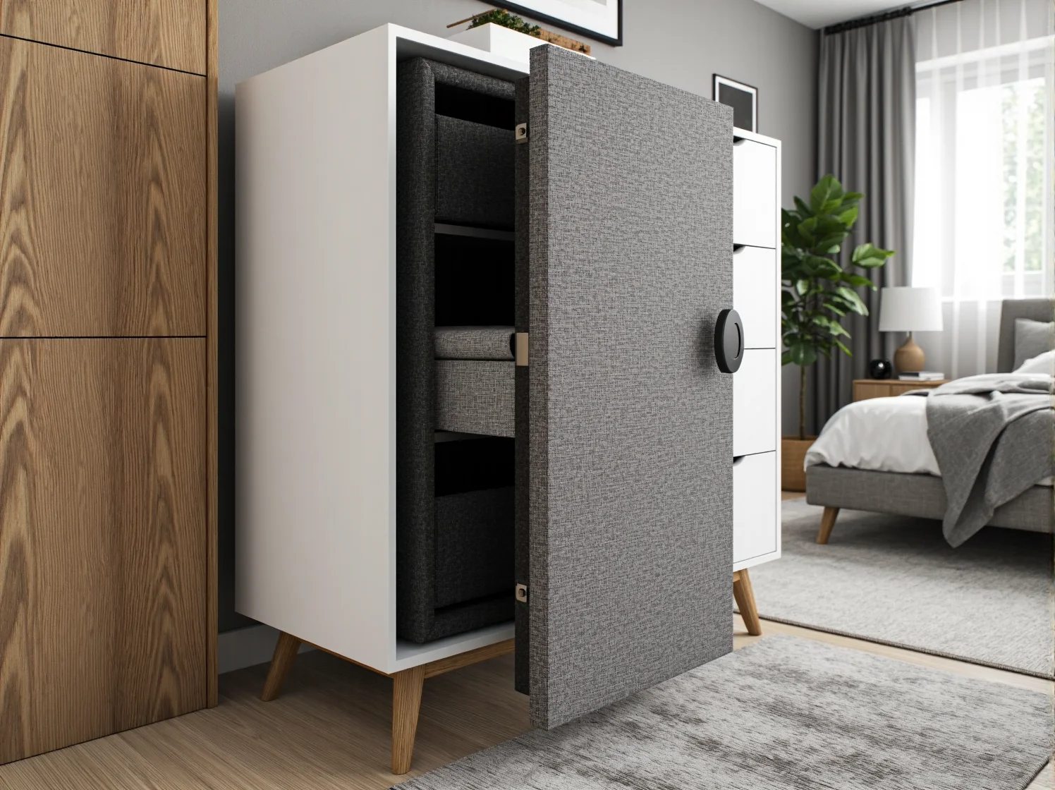 Elegancka komoda dębowa z dyskretną szufladą na dokumenty, trendy meblowe 2025.