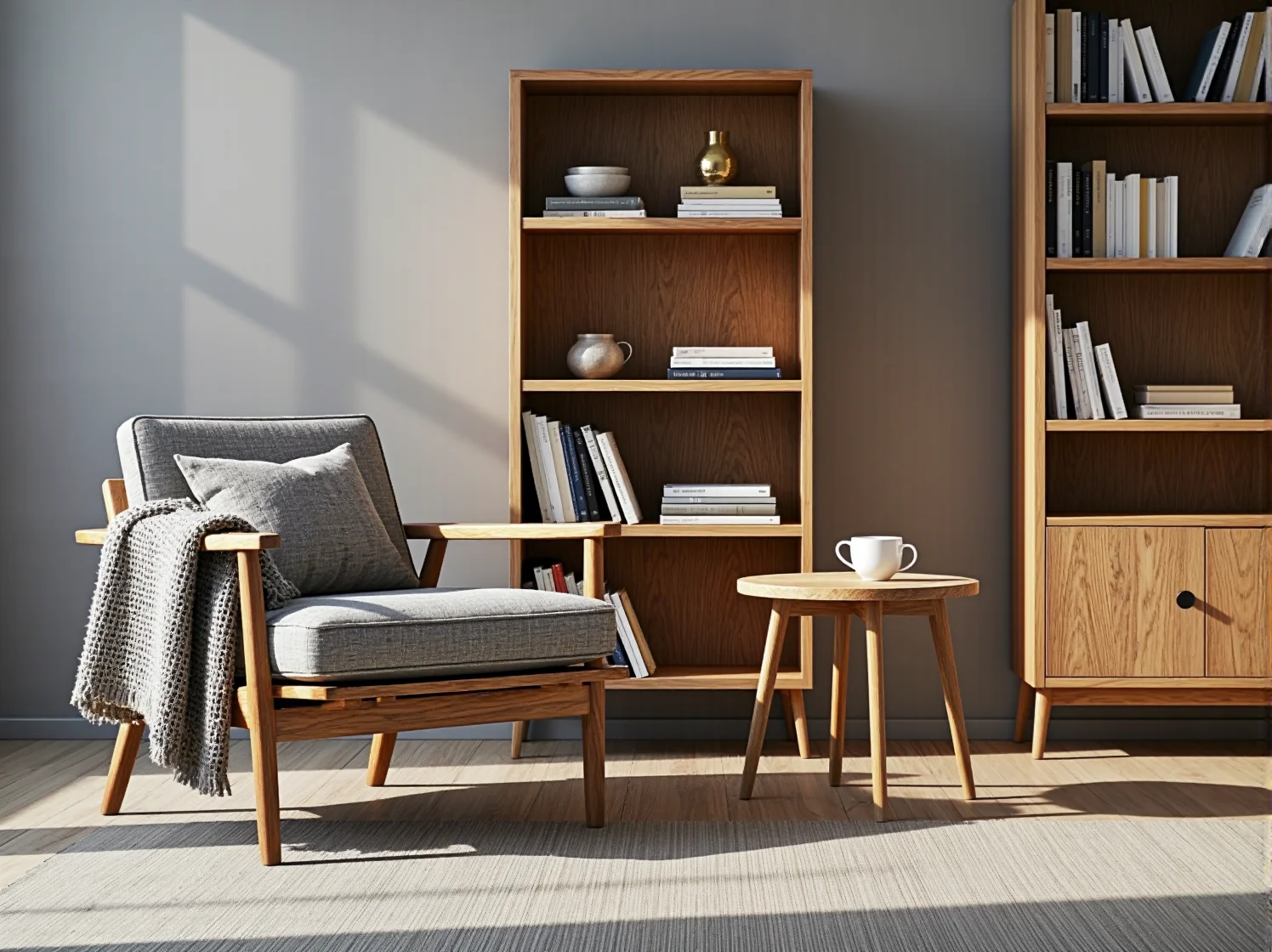 Funkcjonalny regał skandynawski o prostych liniach, idealny do przechowywania w małym mieszkaniu.