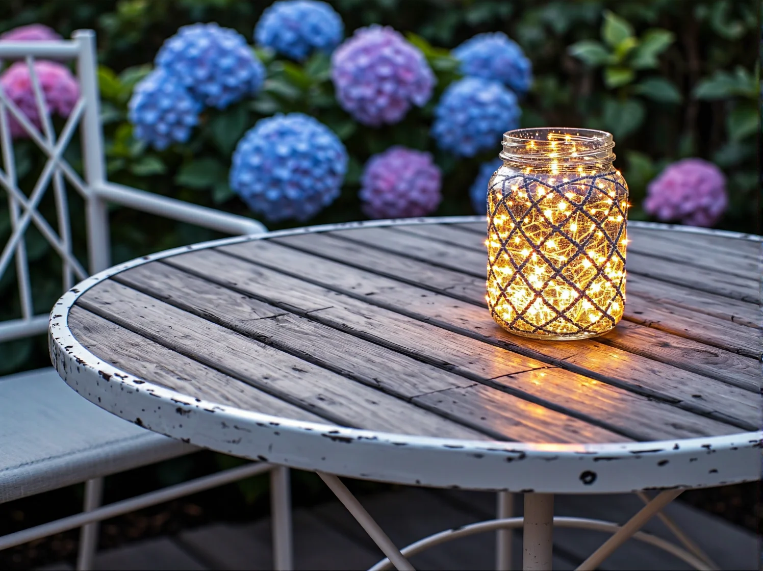 Girlandy solarne rozwieszone na pergoli w ogrodzie w stylu romantycznym