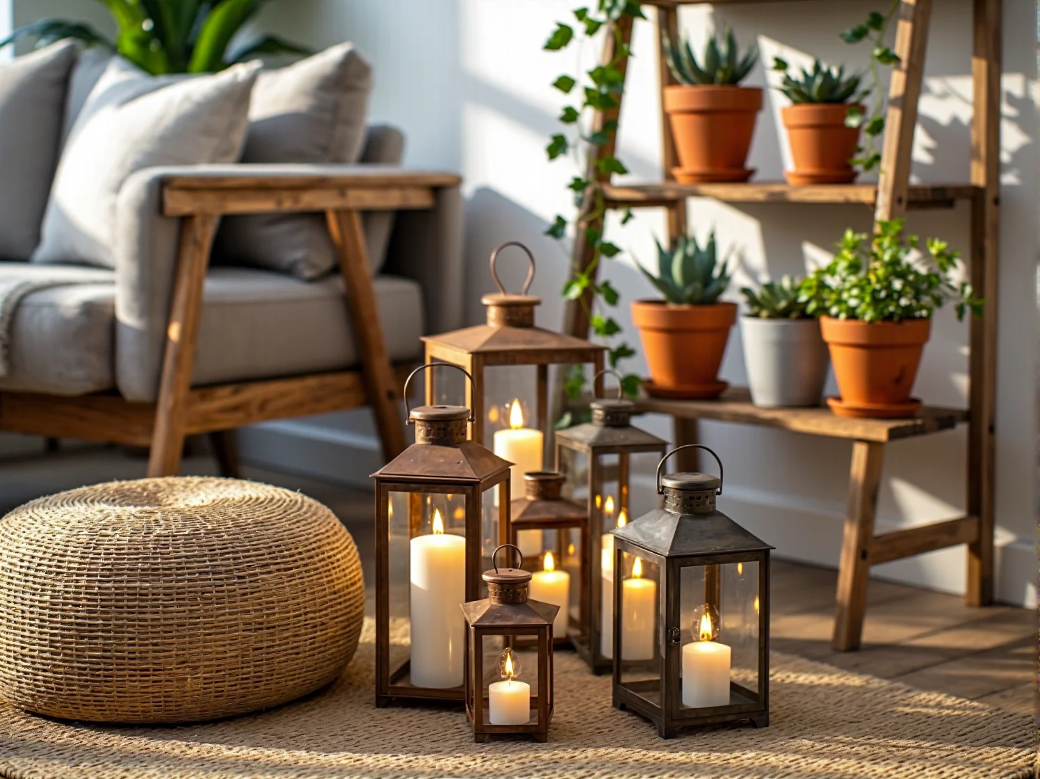 Girlandy świetlne zawieszone nad drewnianym tarasem z meblami boho