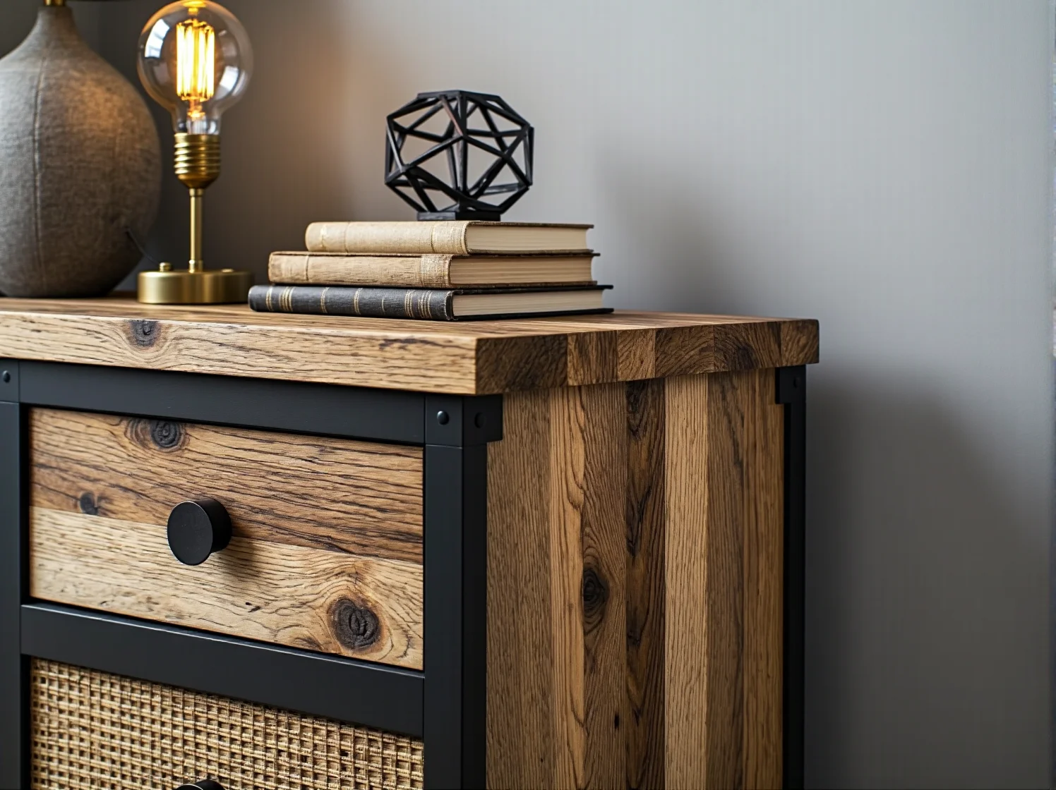 Odnowiona komoda industrialna w nowoczesnym salonie z ceglaną ścianą i roślinami