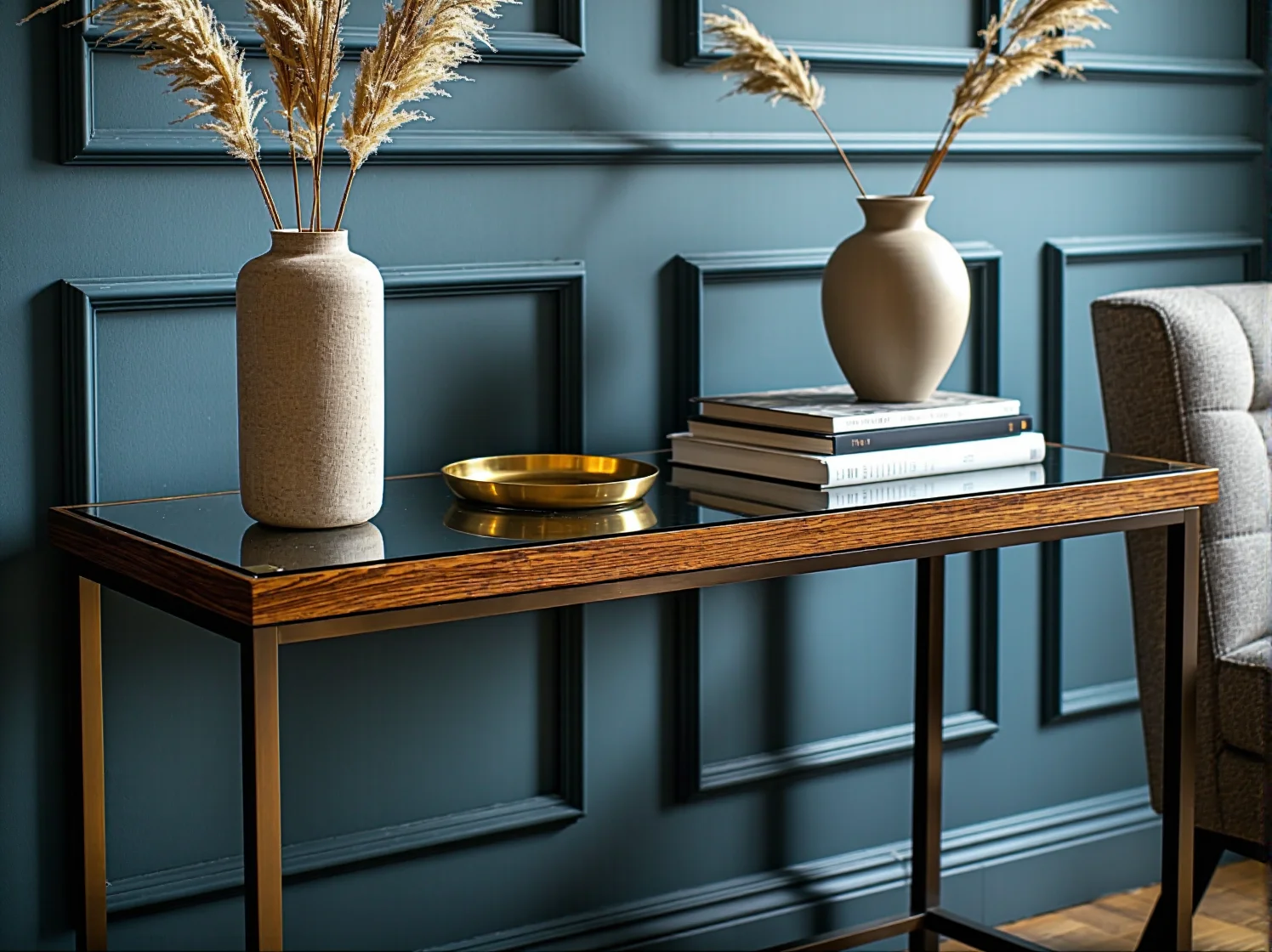 Industrialny regał łączący szkło i czarną stal – hit nowoczesnych wnętrz loftowych.