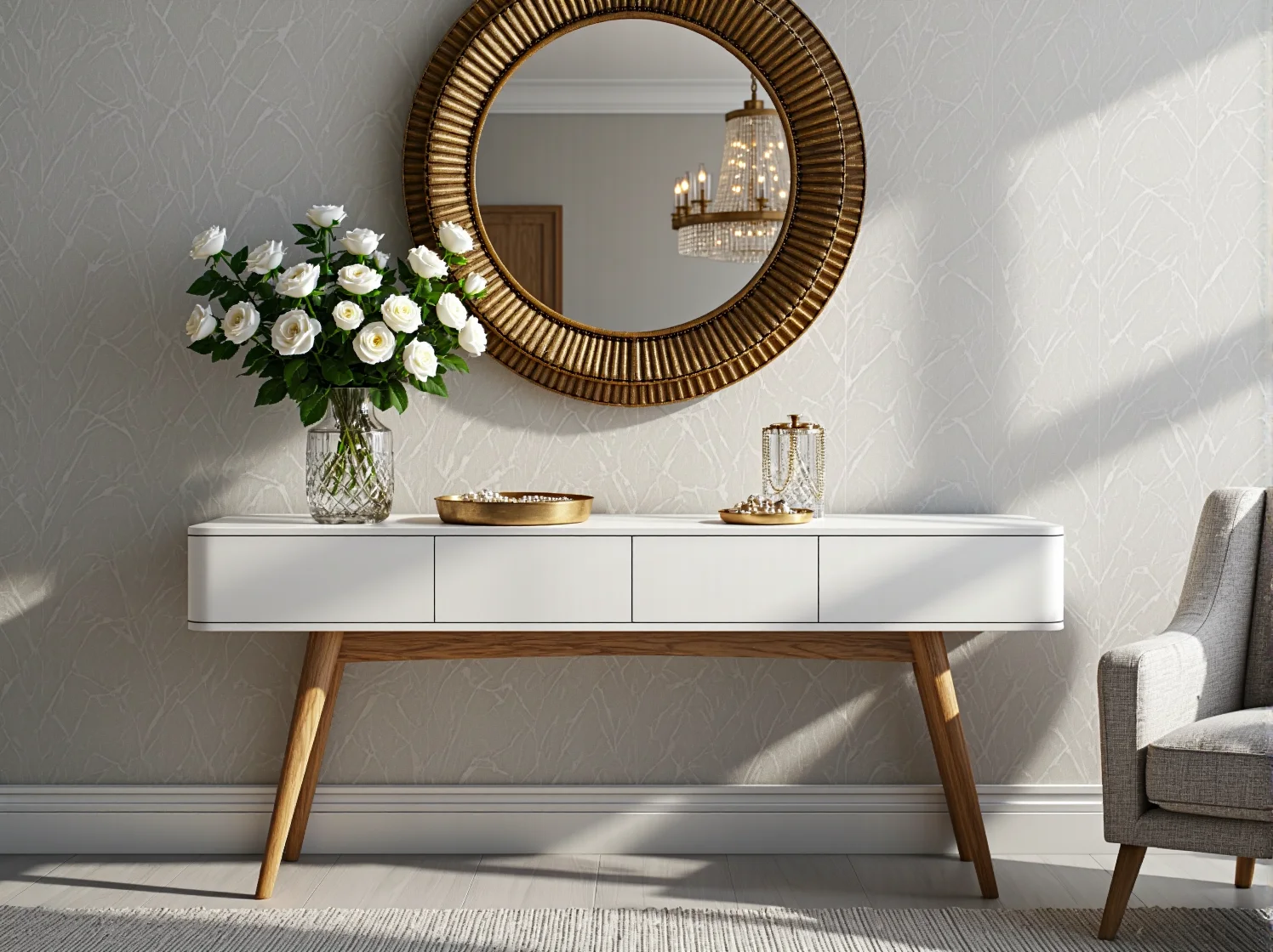 Jadalnia w stylu scandi glam: drewniany stół i krzesła tapicerowane pudrowym różem.