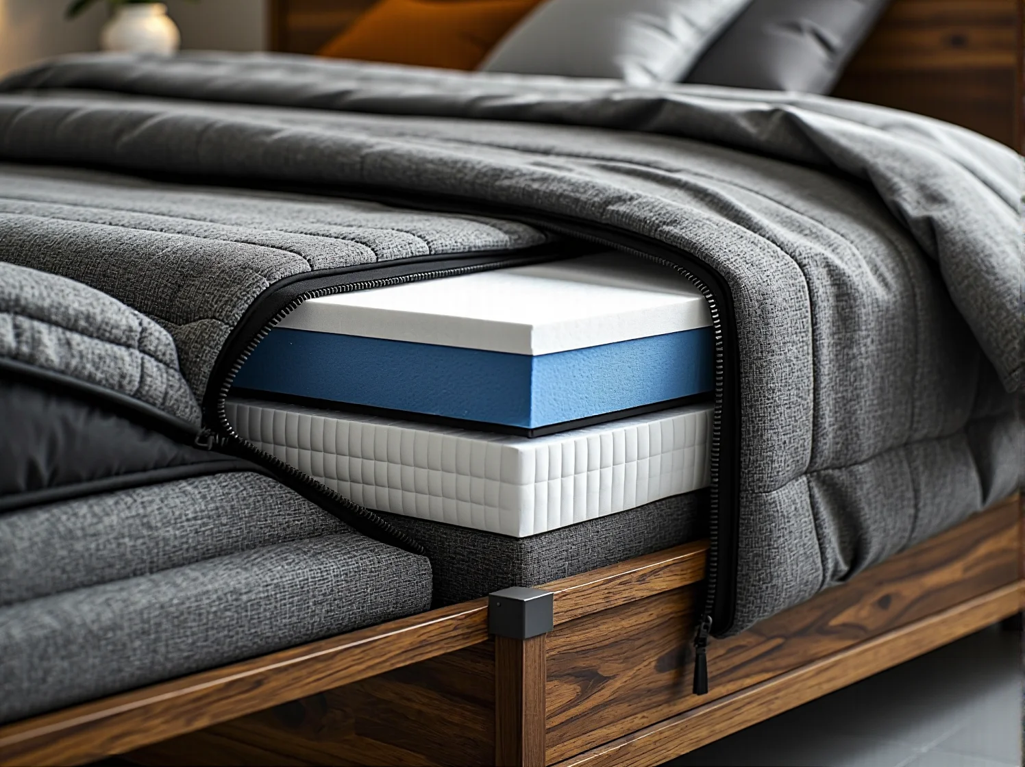 Klin między materace i toper niwelujący przerwę w łóżku małżeńskim