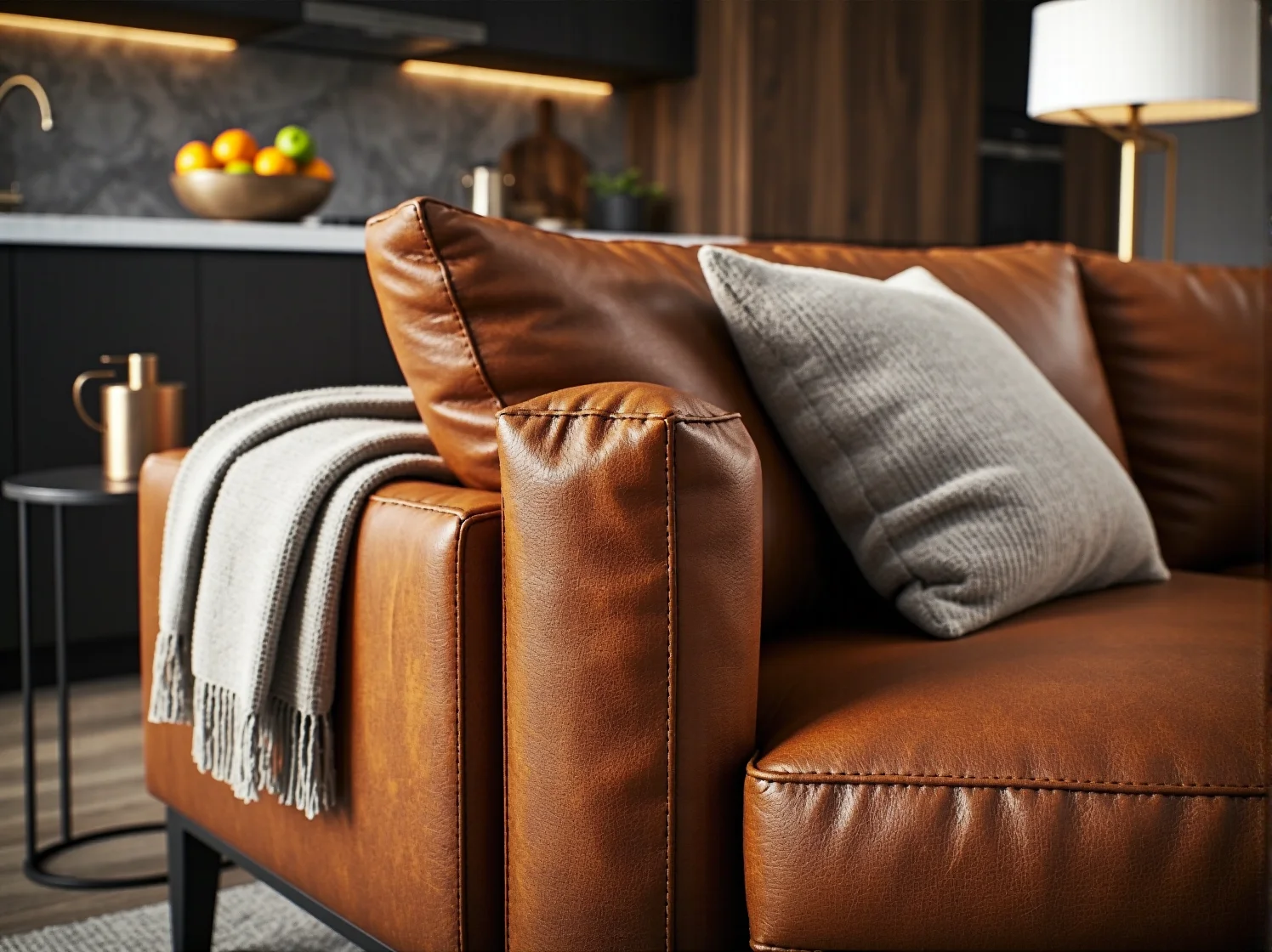 Wygodny narożnik welurowy w aranżacji otwartej strefy dziennej z nowoczesną kuchnią