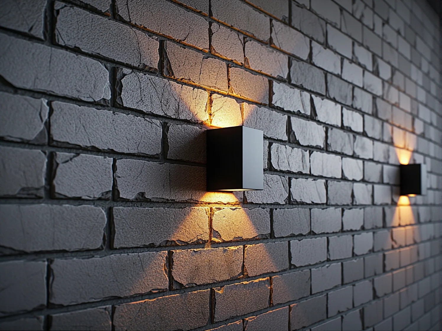 Kinkiety zewnętrzne góra-dół zamontowane na czerwonej cegle klinkierowej, eksponujące fakturę.
