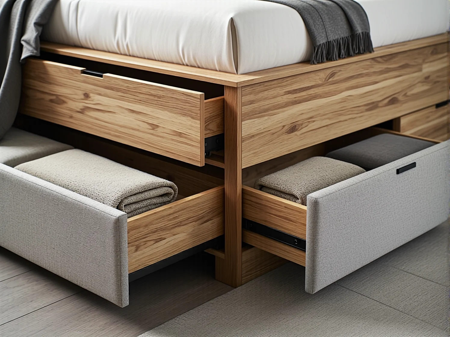 Szare łóżko tapicerowane z pojemnikiem na pościel