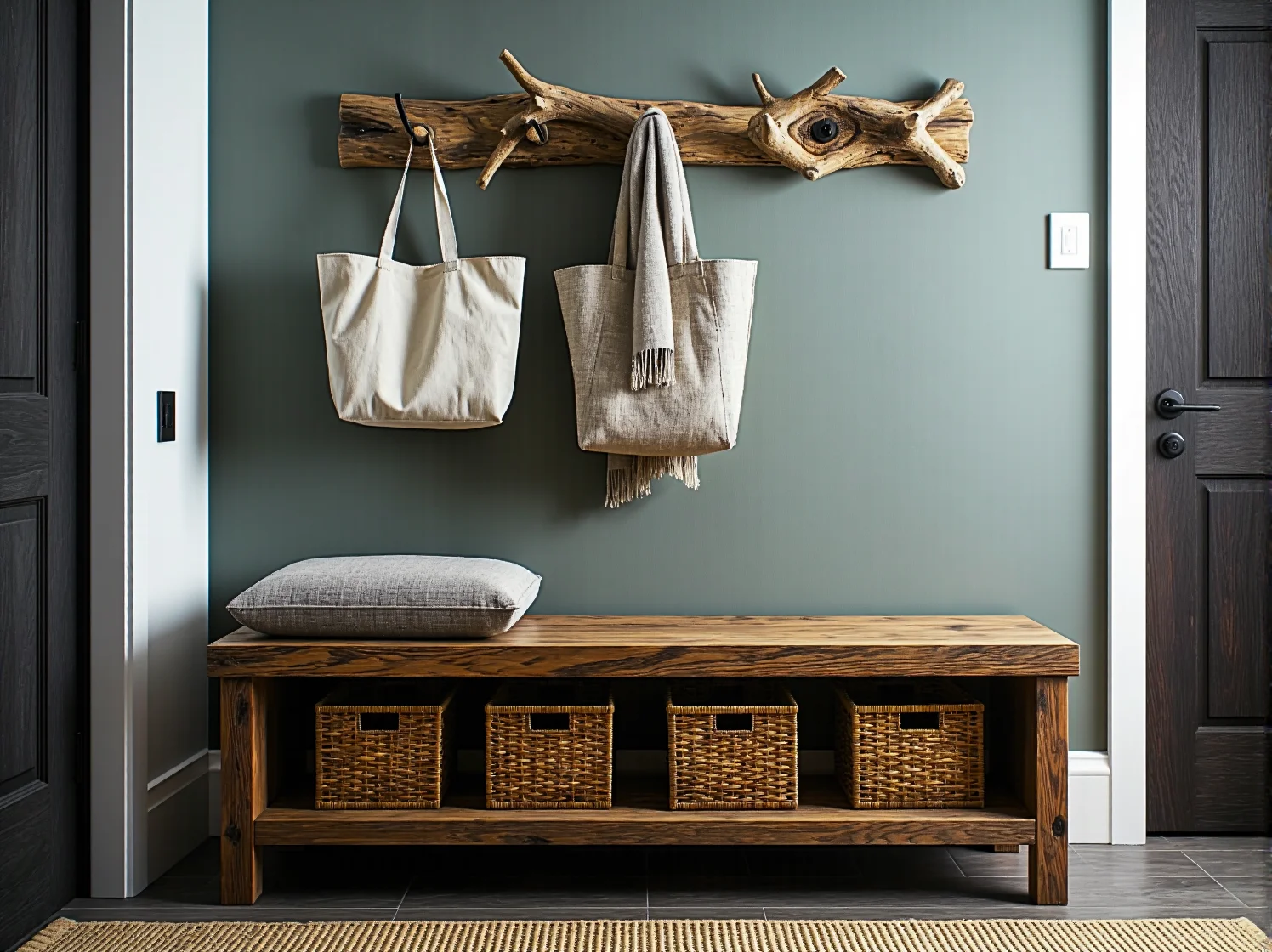 Stylowa komoda z naturalnych materiałów do przedpokoju ozdobiona roślinami doniczkowymi