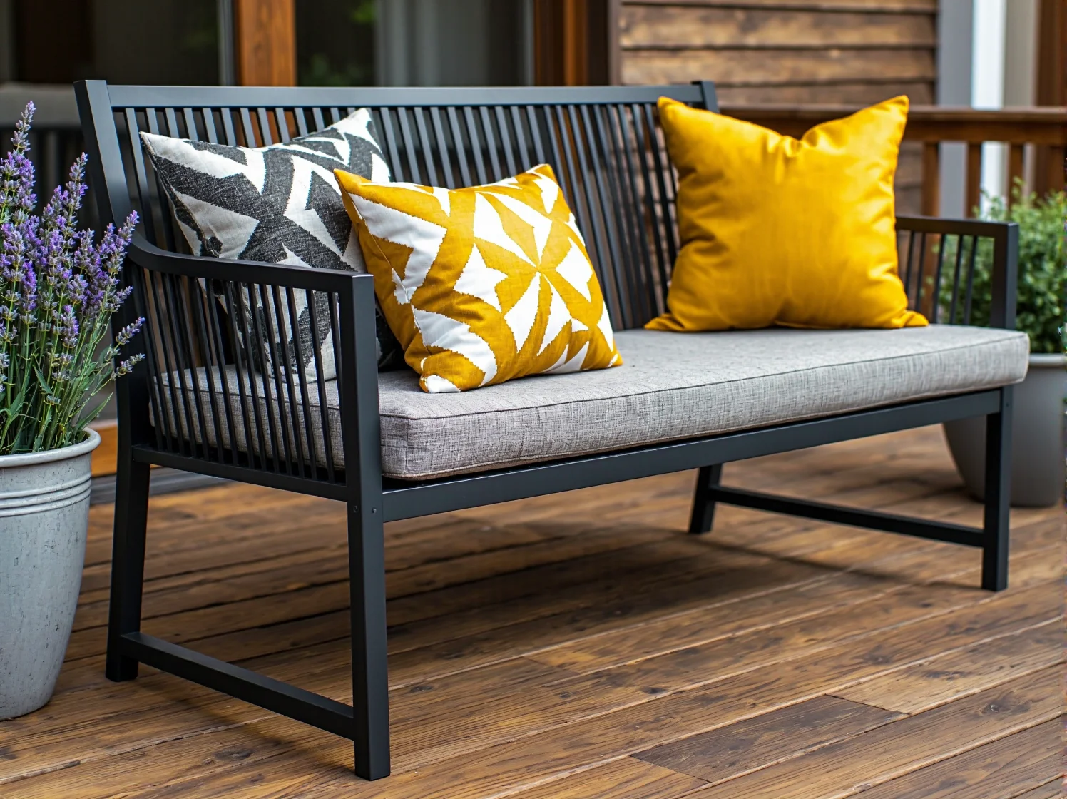 Zabezpieczone przed warunkami atmosferycznymi czarne metalowe meble na tarasie