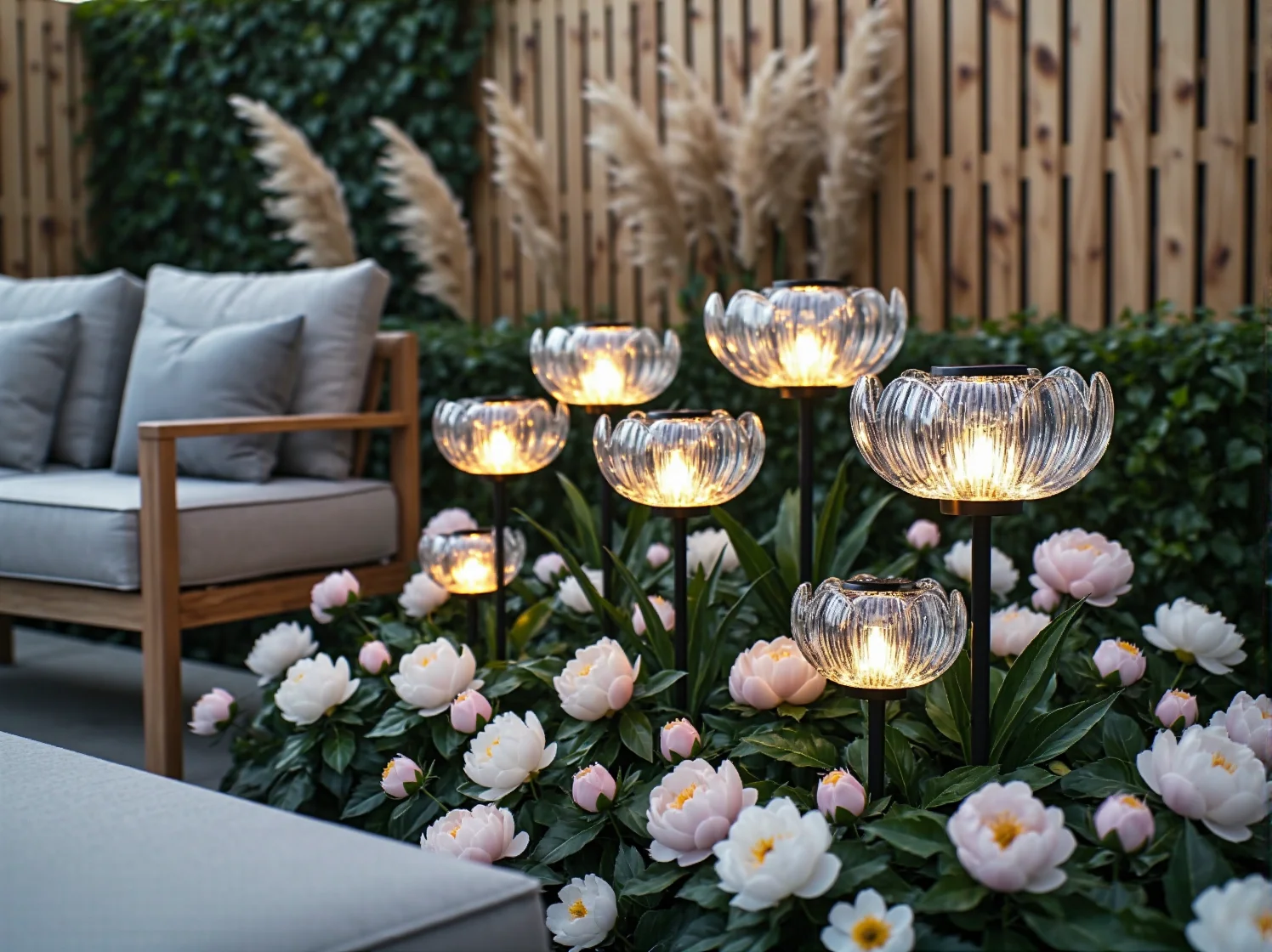 Świecące kule solarne ukryte wśród kwiatów, dodające uroku romantycznej aranżacji