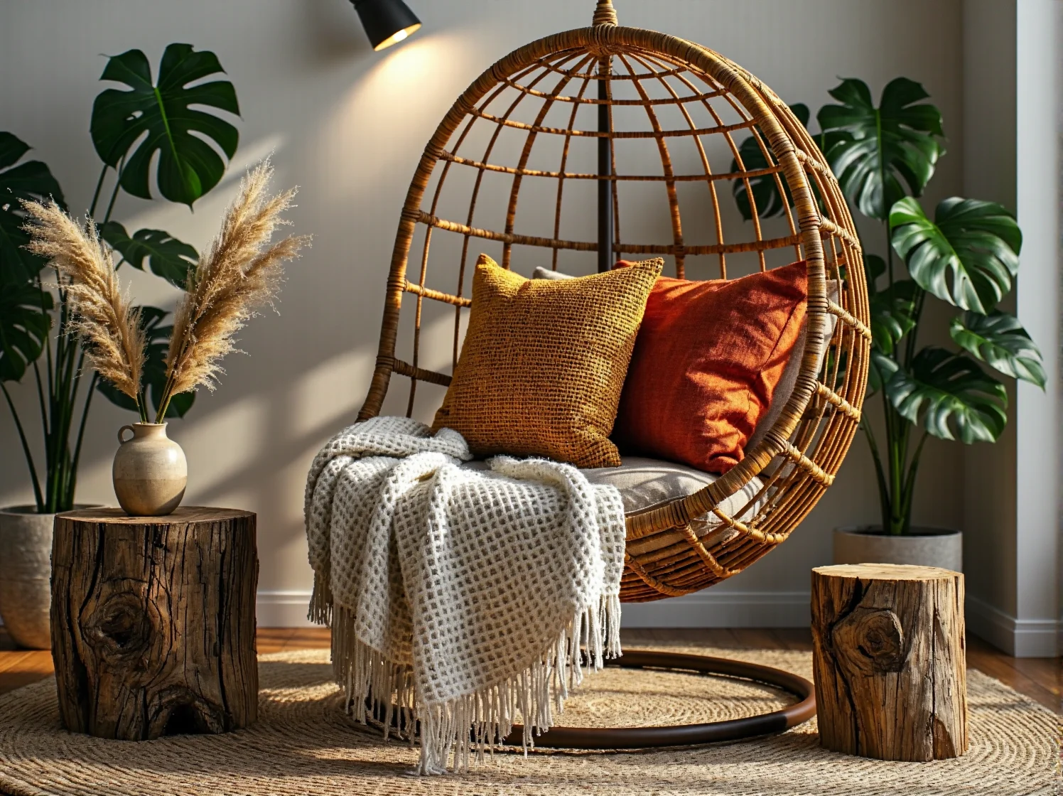 Rattanowe lampiony i poduszki na tarasie w stylu boho
