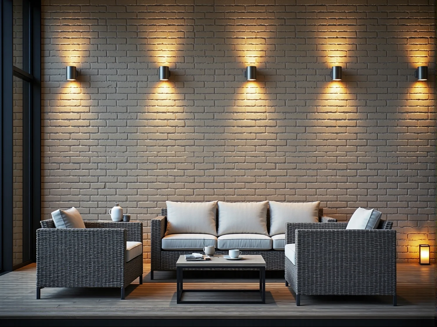 Efektowne lampy elewacyjne punktowe wydobywające detale fasady z cegły.