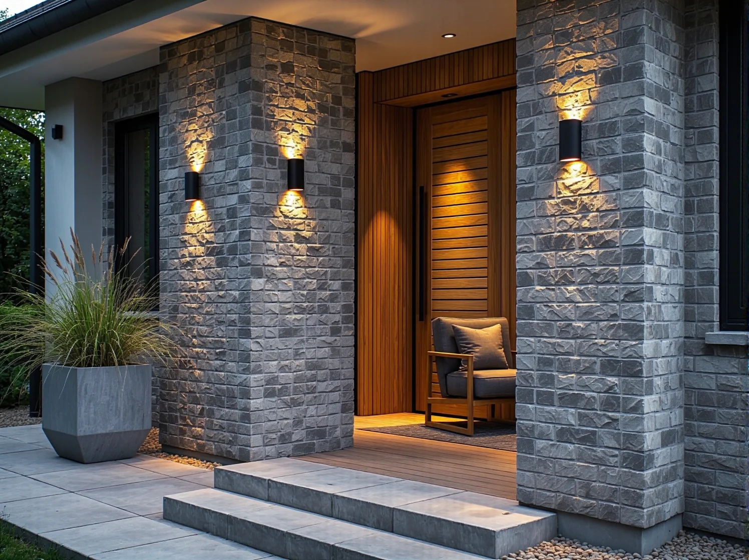 Podświetlenie ściany z klinkieru lampami LED o ciepłej barwie światła dla przytulnego efektu.