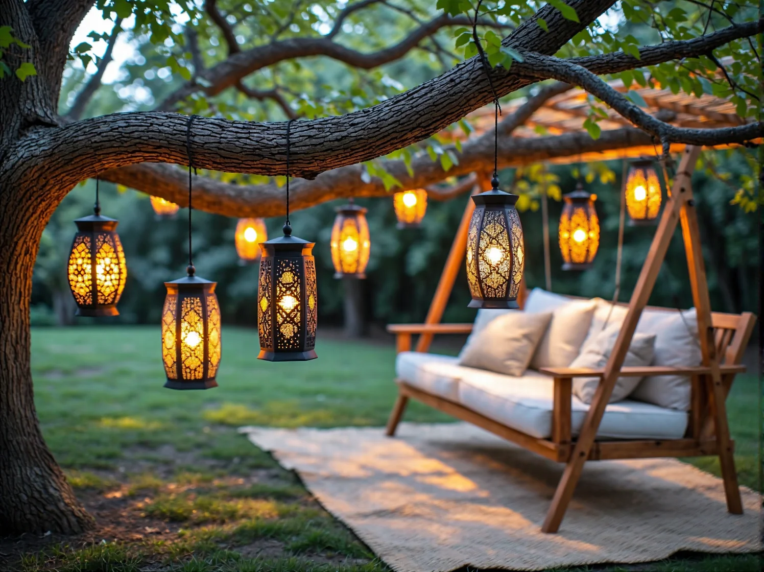 Ozdobne latarenki solarne ustawione wzdłuż ścieżki w nastrojowym ogrodzie