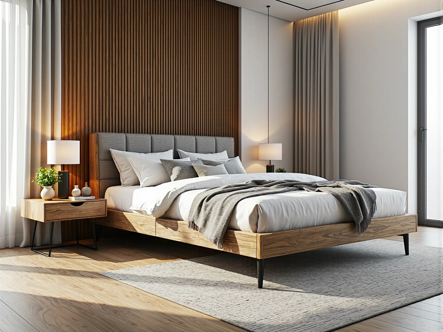 Aranżacja sypialni z funkcjonalnym łóżkiem z szufladami