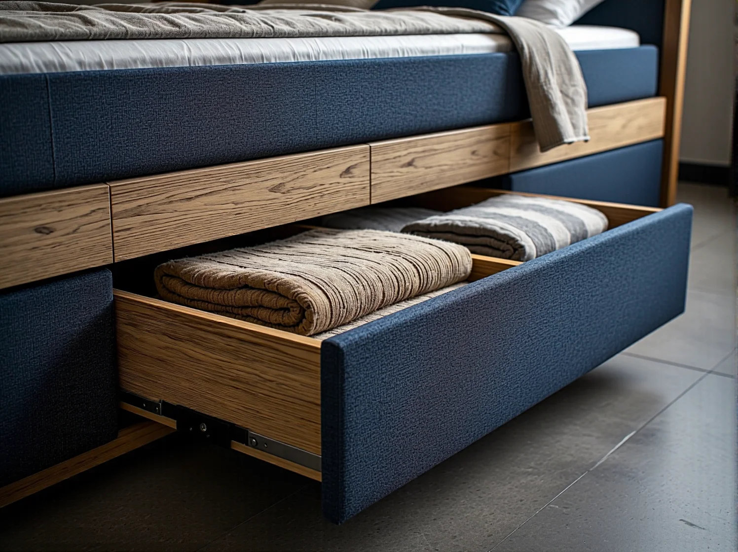 Łóżko kontynentalne z pojemnikiem na pościel otwierane do góry w małym mieszkaniu