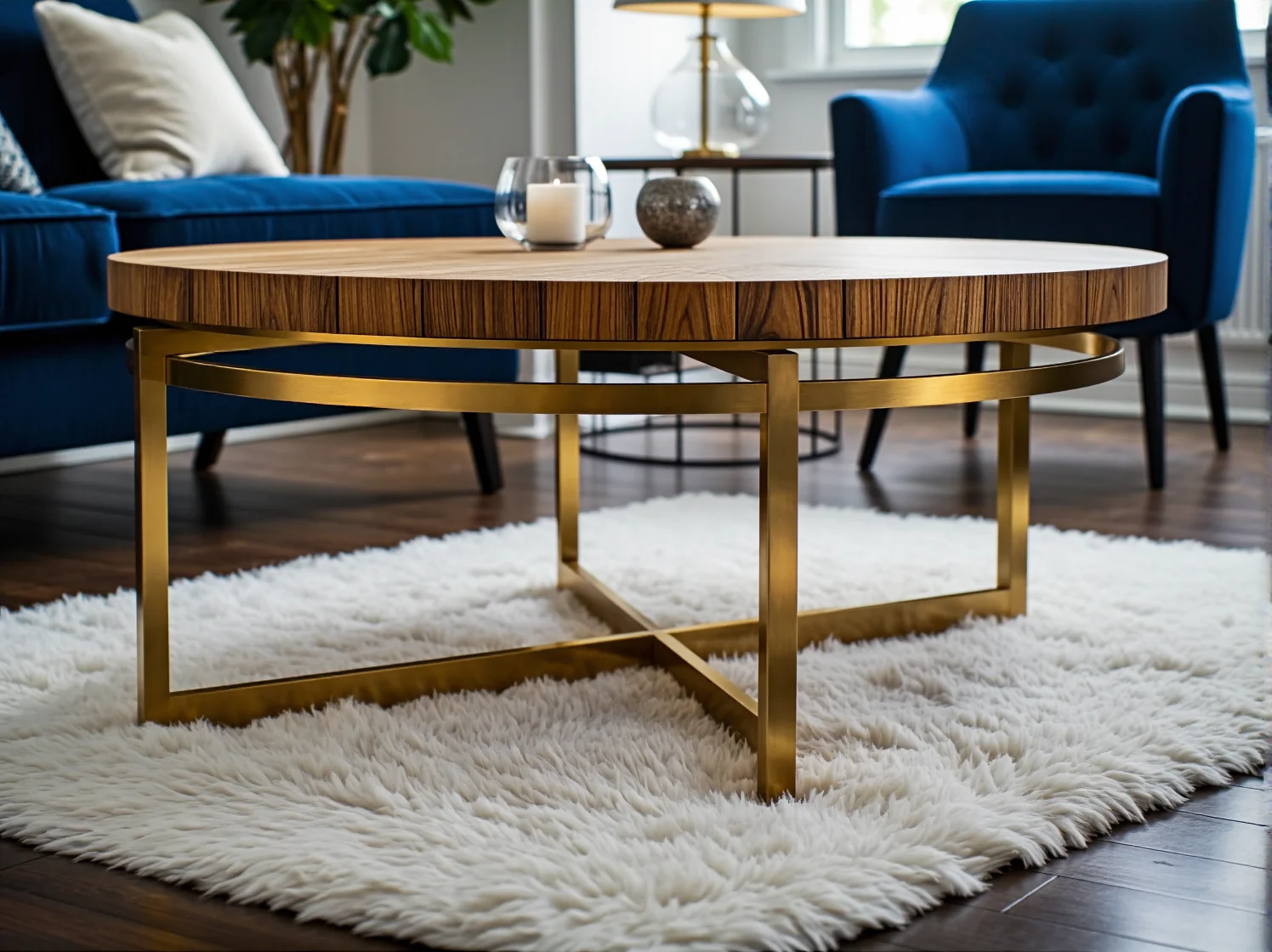 Luksusowy stolik kawowy ze złotymi nogami i marmurowym blatem w stylu glamour.