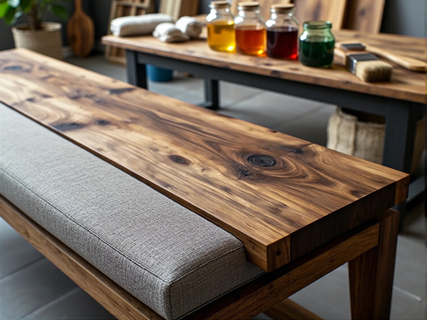 Malowanie starej drewnianej ławki ekologiczną bejcą z orzecha włoskiego.