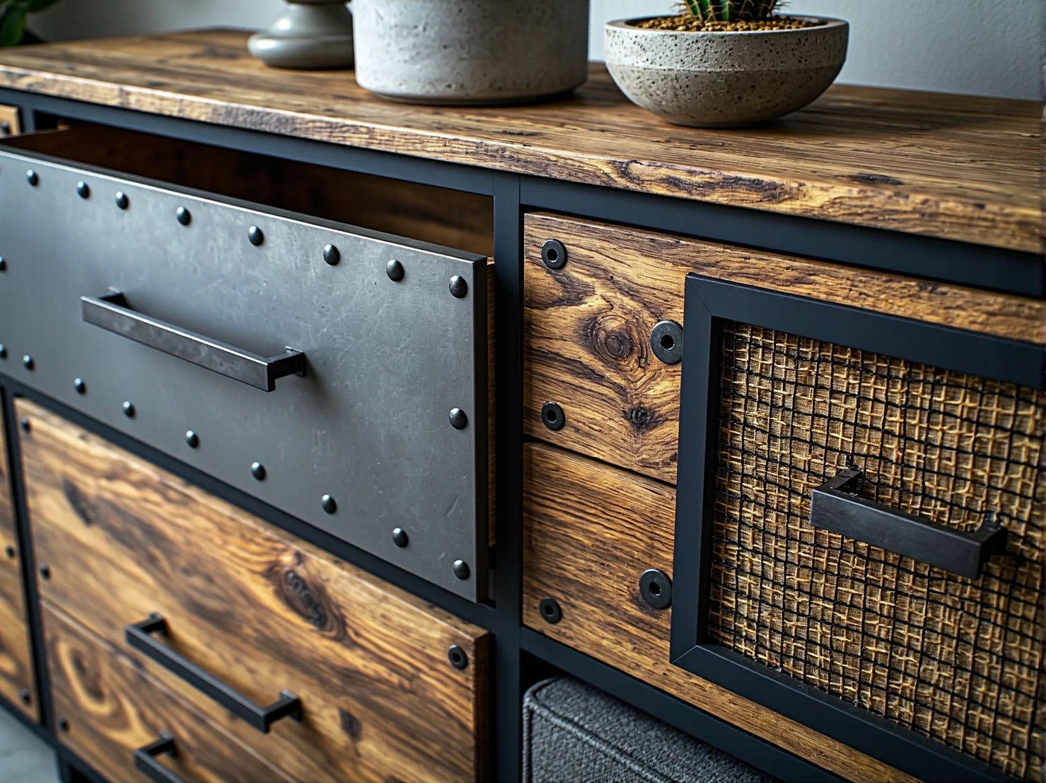 Kreatywne malowanie mebli – efekt betonu i przetarcia na froncie szuflady komody DIY