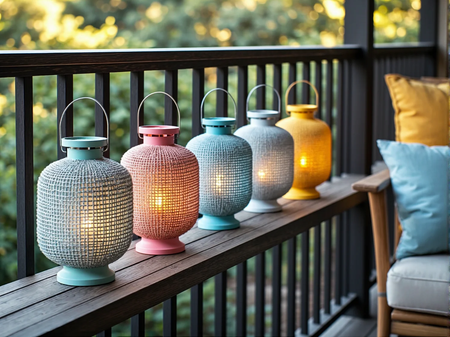 Wygodna sofa na balkonie z aksamitnymi poduszkami i złote dodatki glamour.