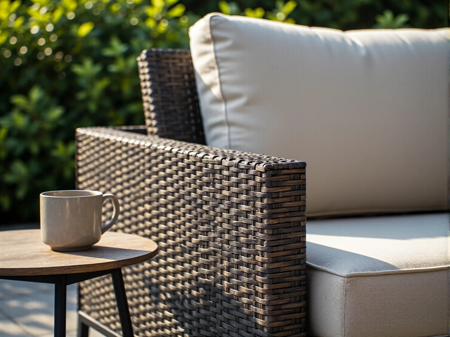 Stylowe meble ogrodowe na tarasie z drewna i aluminium w letniej aranżacji