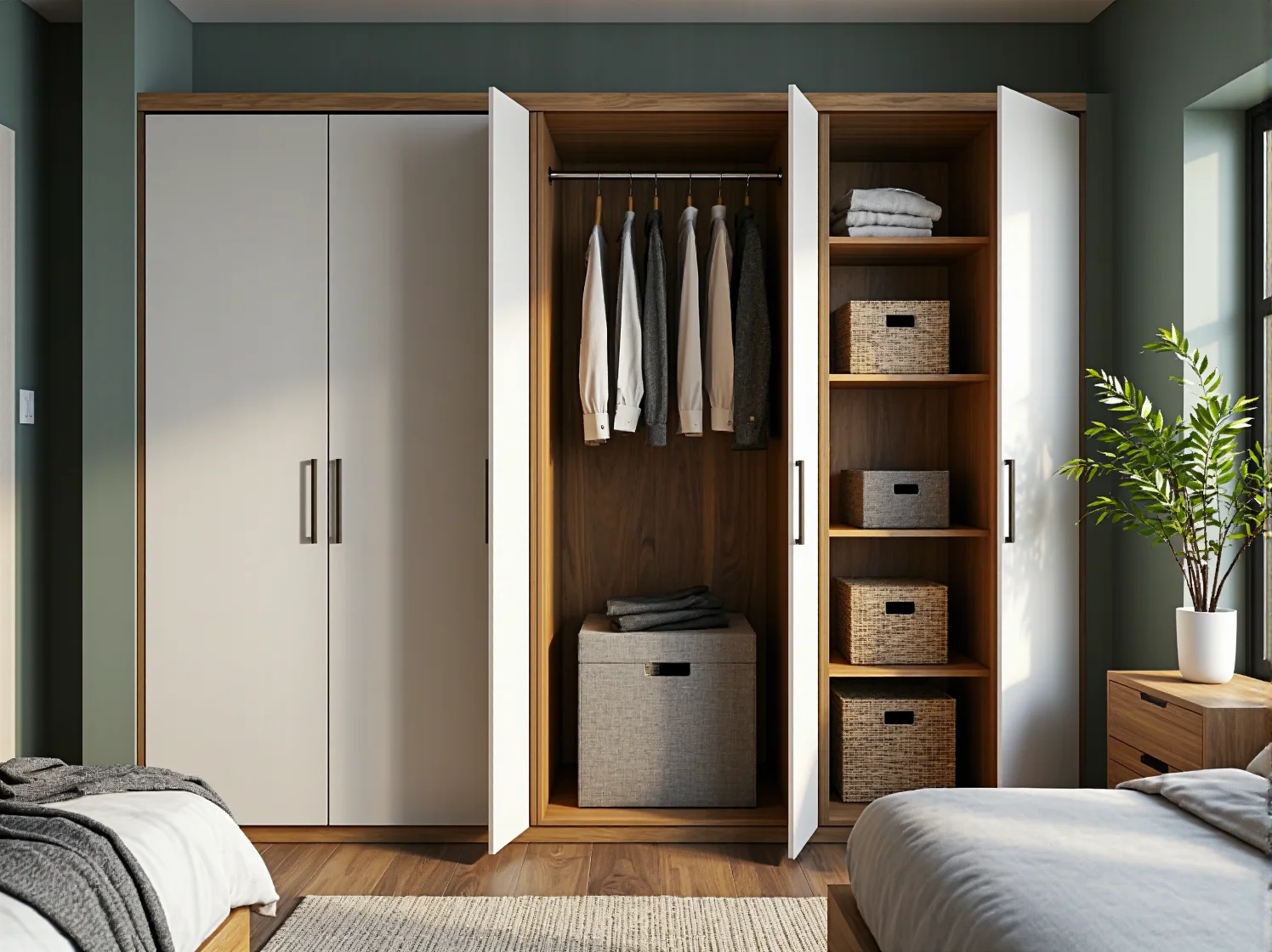 Minimalistyczna beżowa szafa pasująca do jasnej aranżacji kawalerki w stylu skandynawskim