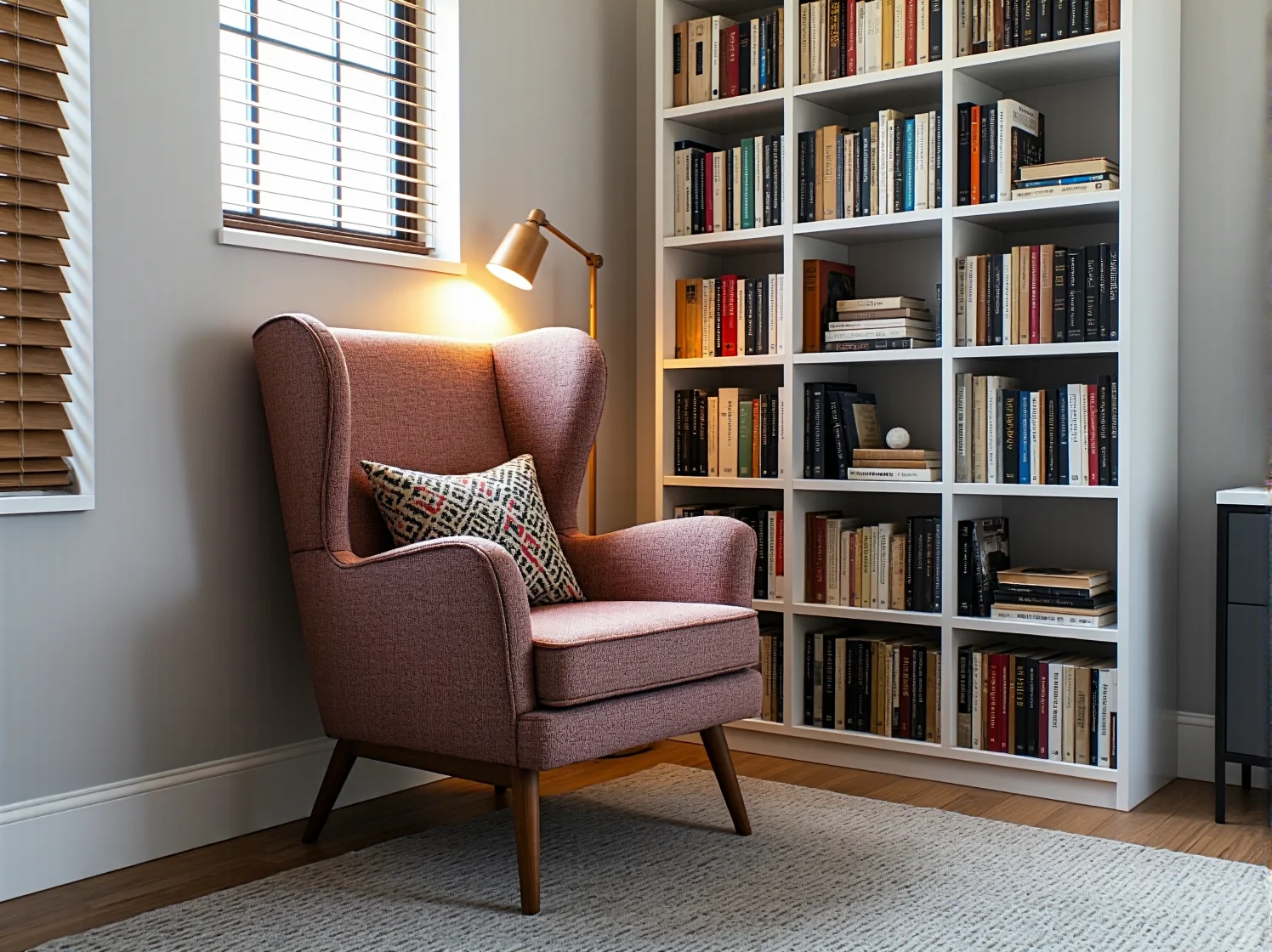 Minimalistyczny fotel do czytania w rogu małego pokoju dziennego