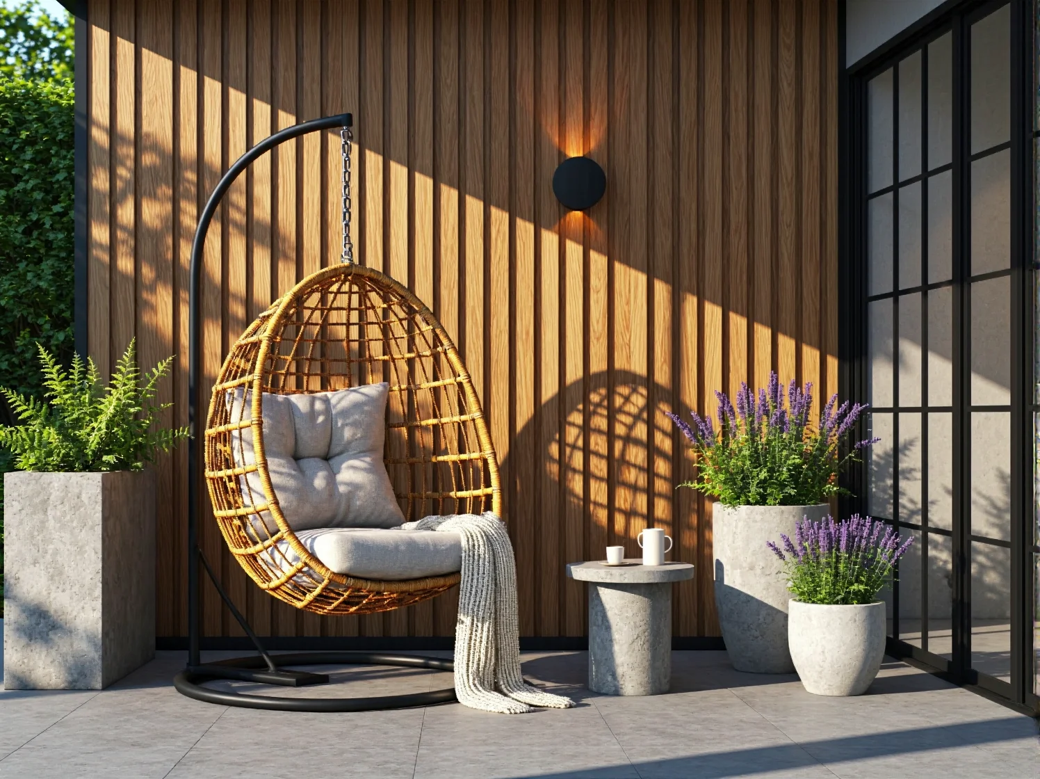 Minimalistyczny czarny kinkiet zewnętrzny na jasnej elewacji domu w stylu skandynawskim