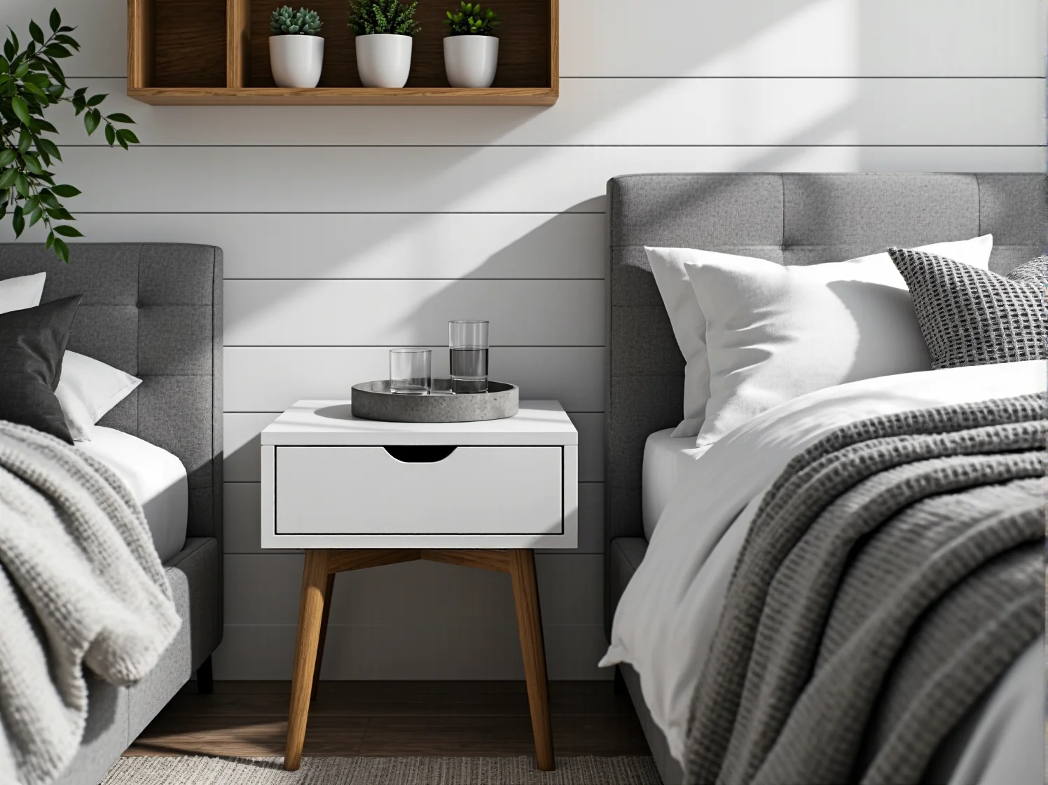 Minimalistyczny biały stół z drewnianymi nogami, idealny do przestronnej jadalni w stylu scandi.