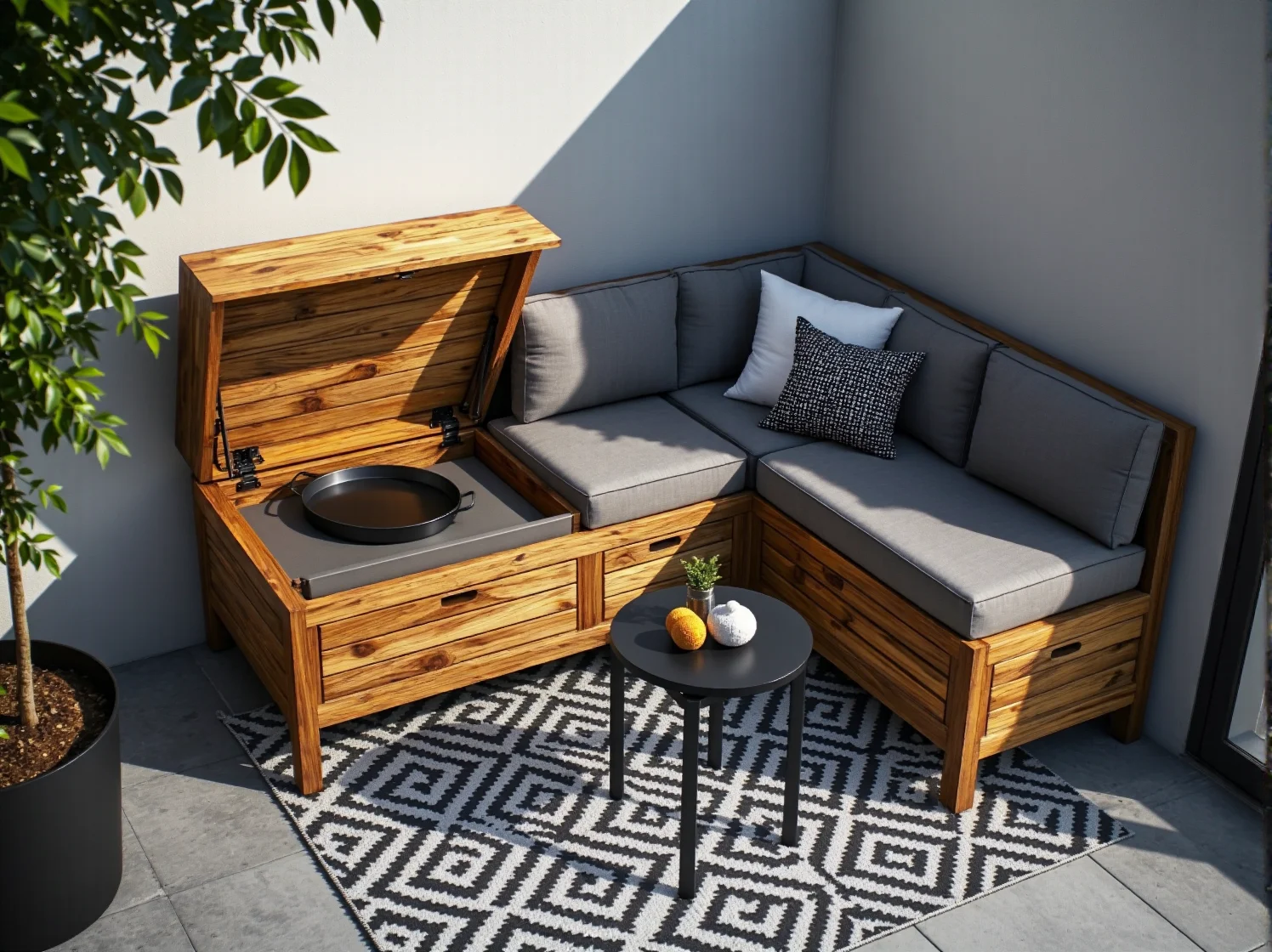 Nakrycie stołu na balkonie, elegancka zastawa i szklanki przygotowane do obiadu na zewnątrz