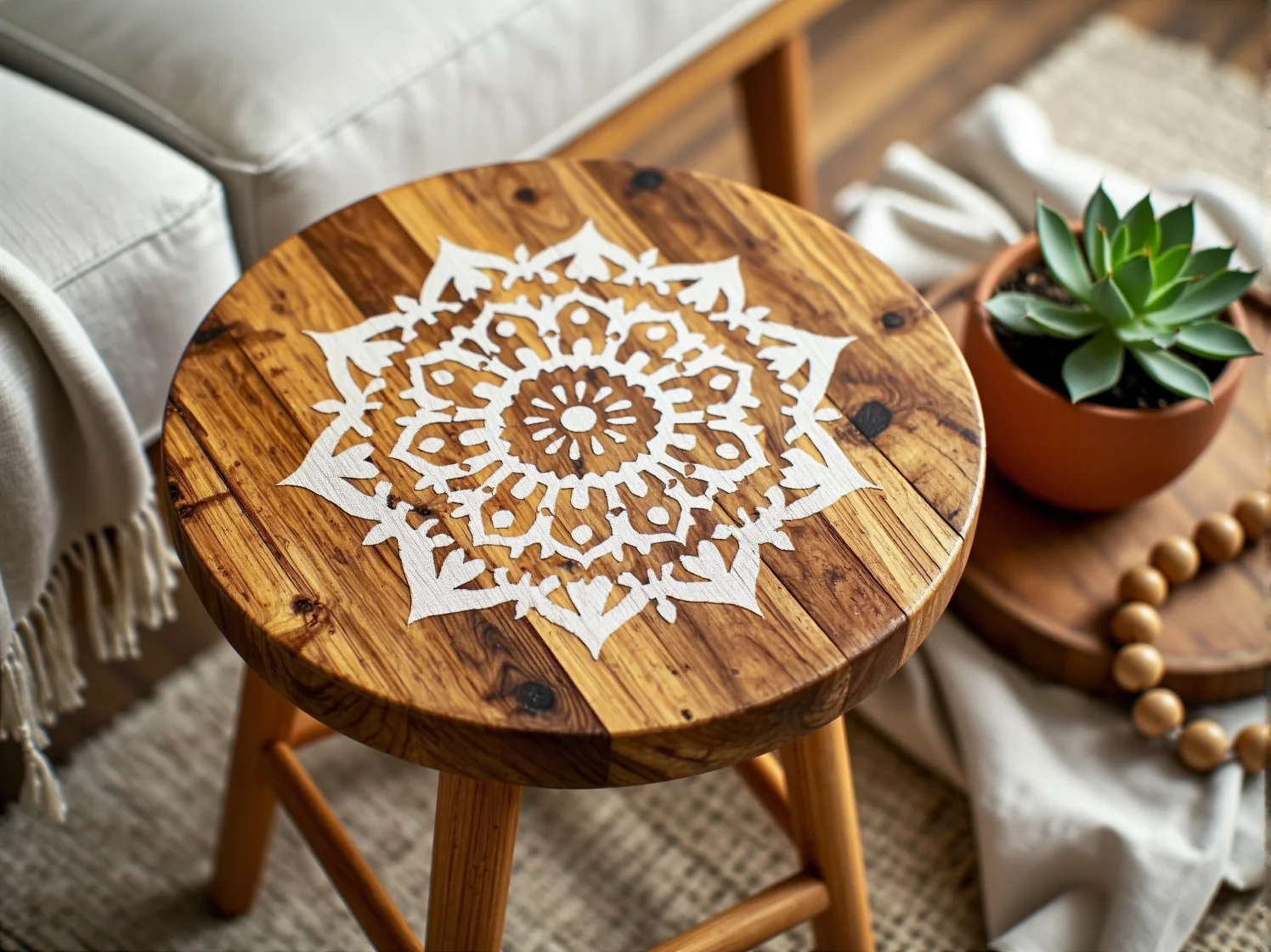 Naprawa uszkodzonej plecionki wiklinowej na oparciu krzesła w stylu boho.