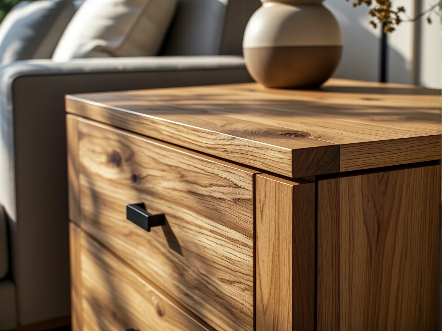 Zbliżenie na naturalne słoje drewna dębowego w minimalistycznej komodzie skandynawskiej.
